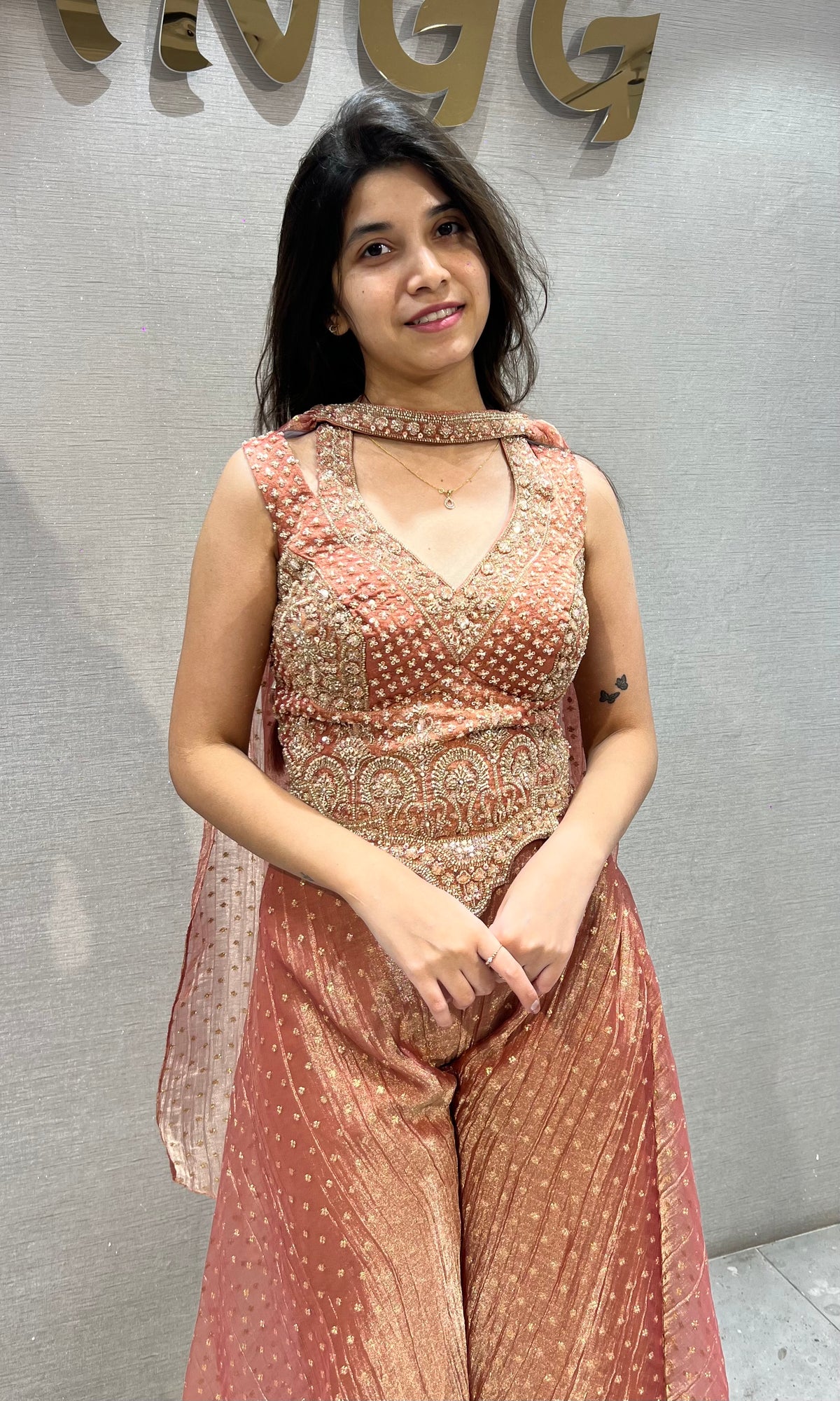 Rust Shimmer embroidered crop top palazzo set