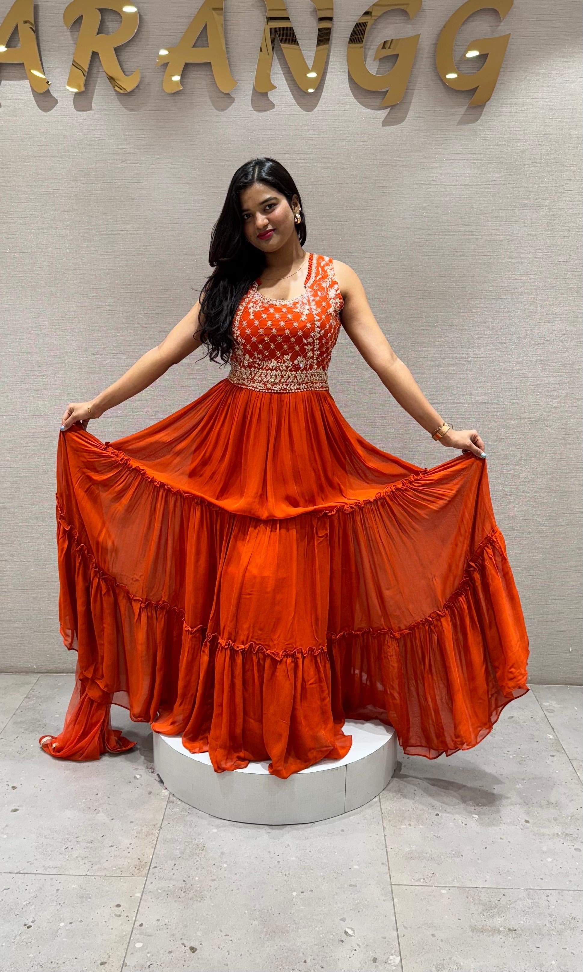 Orange RUFFLE ANARKALI LONG dress