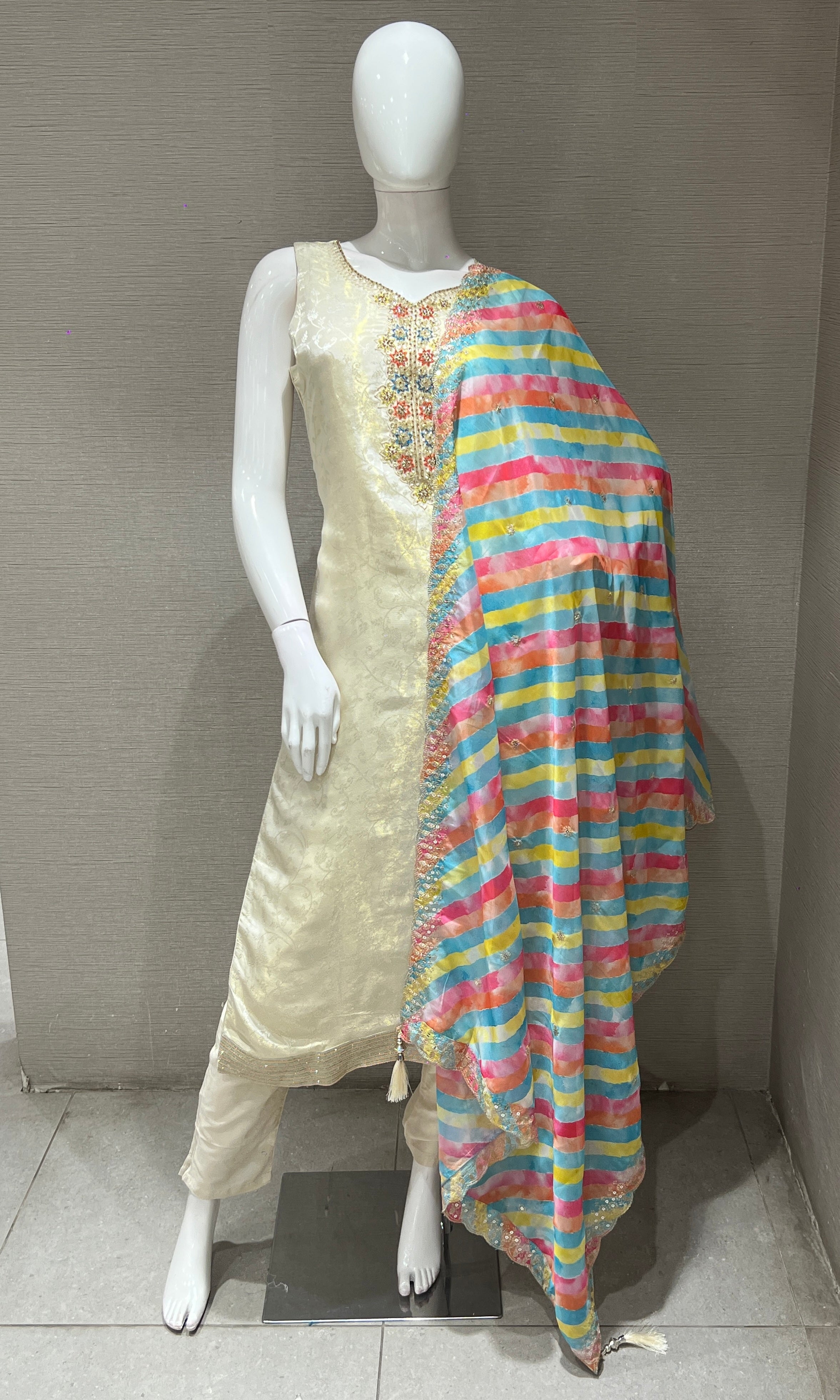 OFF white kurta set with Rainbow Dupatta