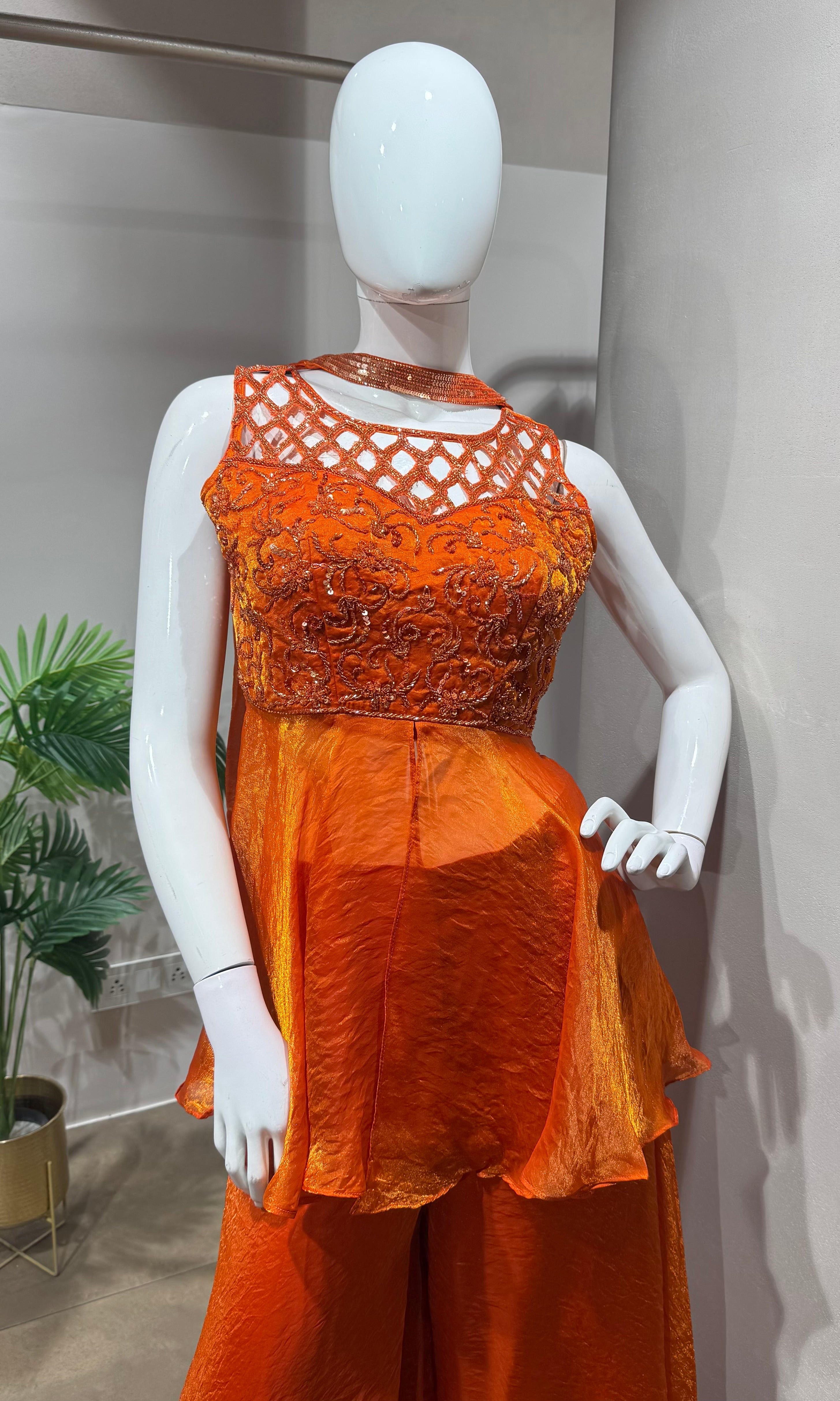 Orange Embellished Peplum Palazzo Set