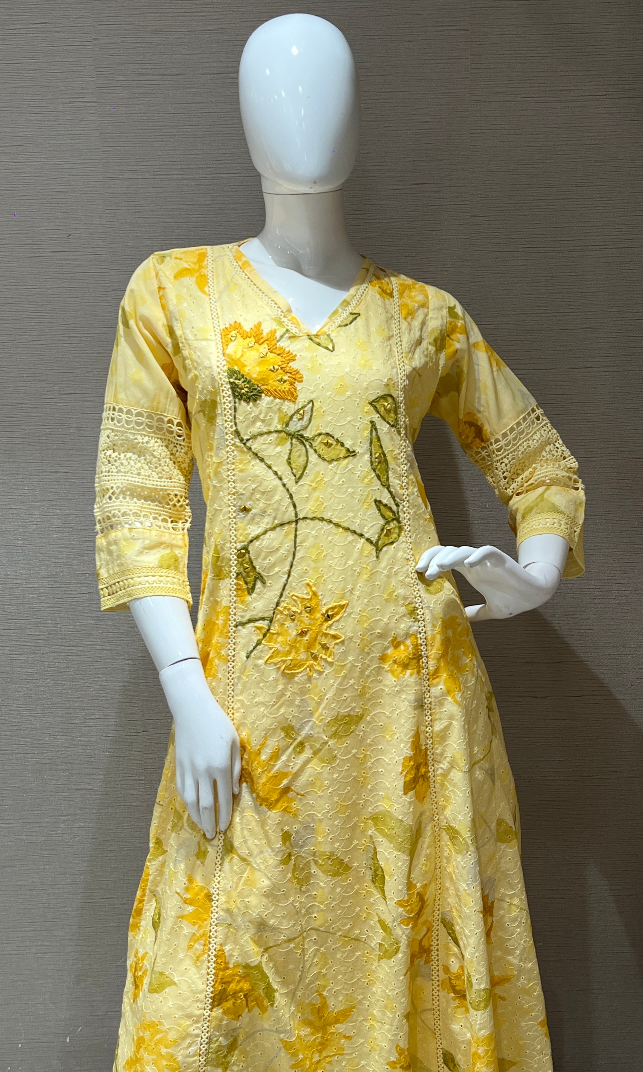 Yellow floral kurta with wide leg pants