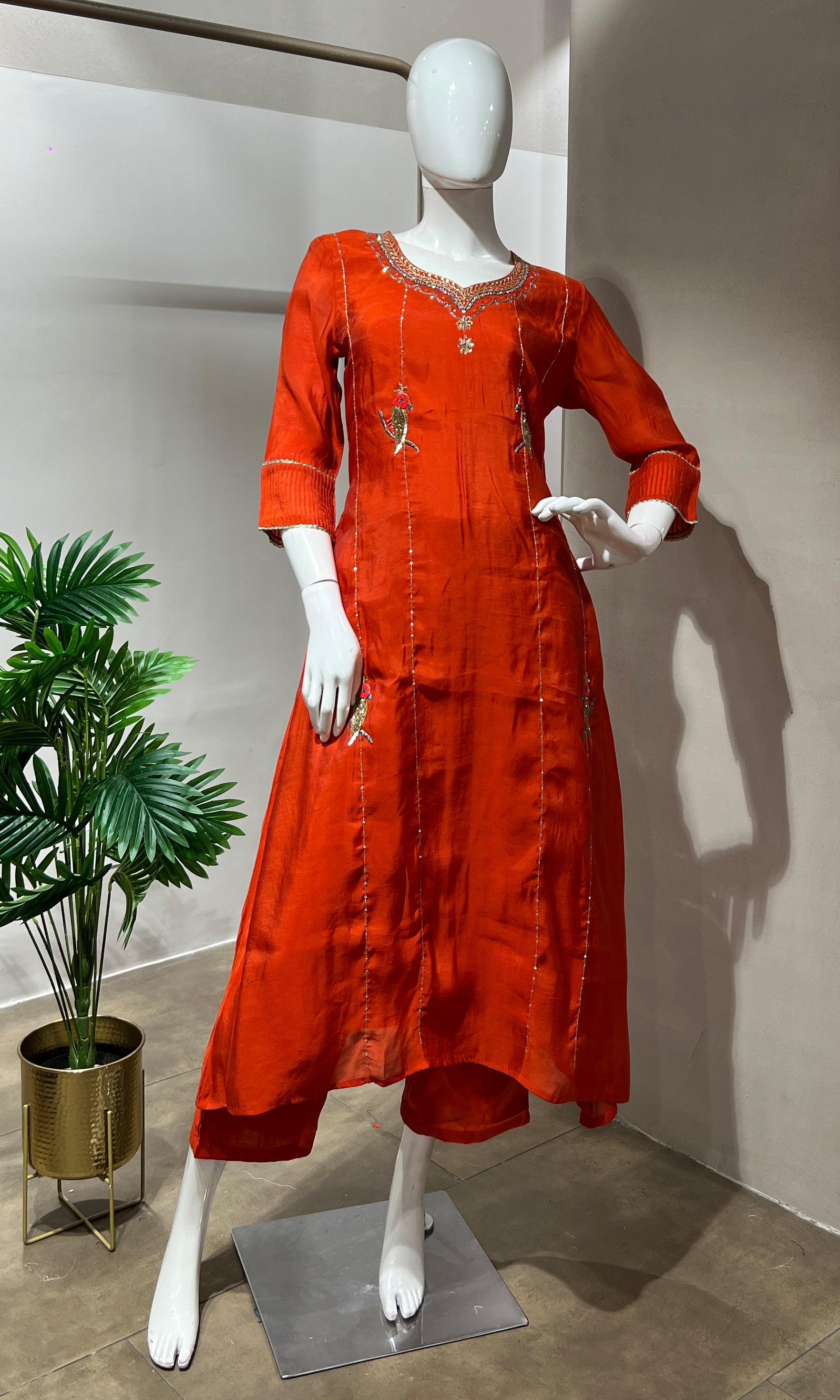 RUST Floral EMBROIDERY MULCHANDERI KURTA SET