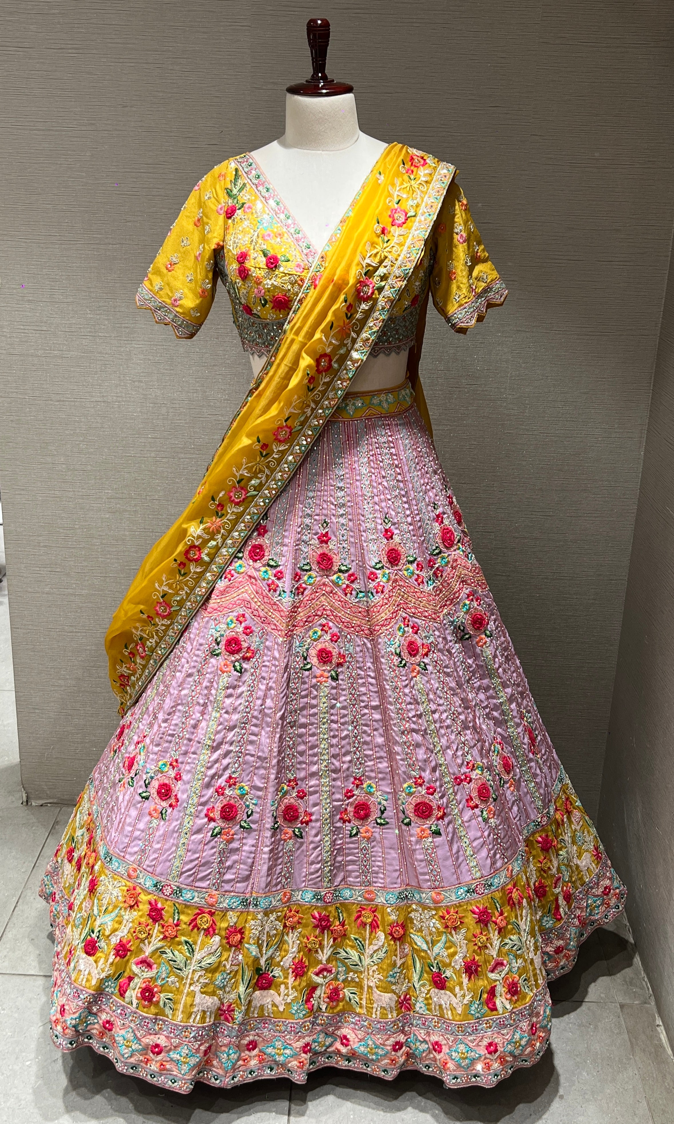 Lilac and Yellow Floral Embroidered Lehenga