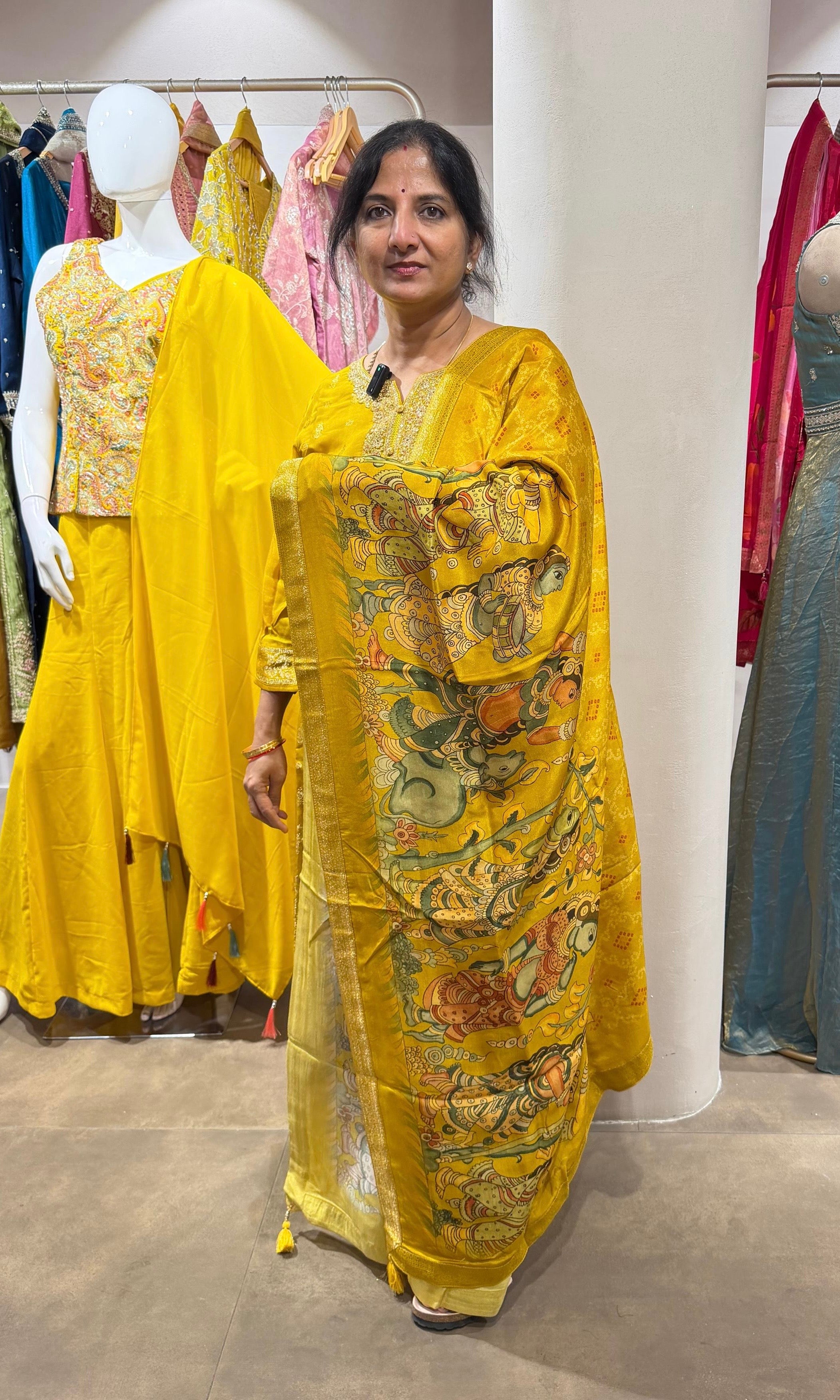 Mustard embroidered kurta set with printed dupatta