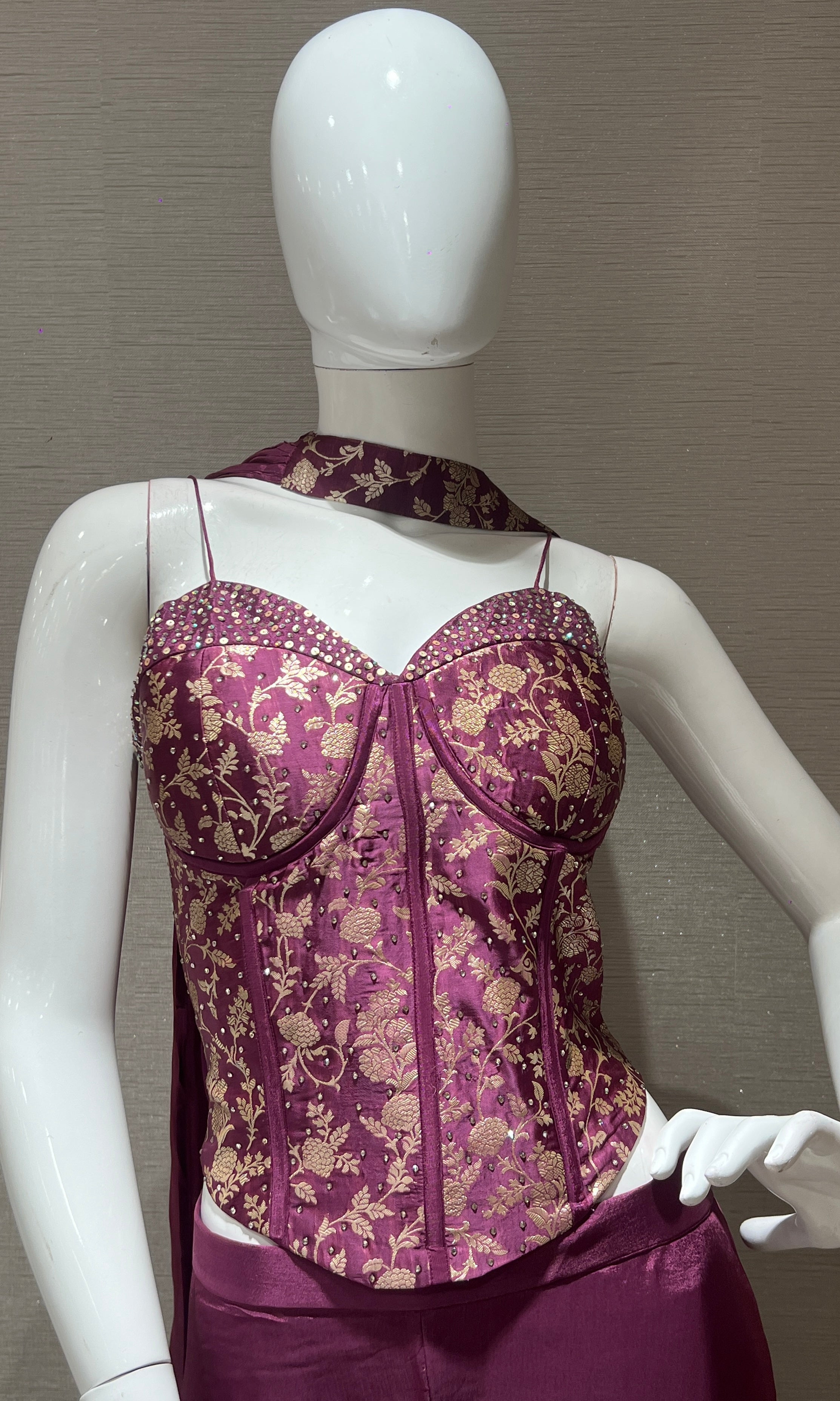 Wine Embroidered Corset Palazzo