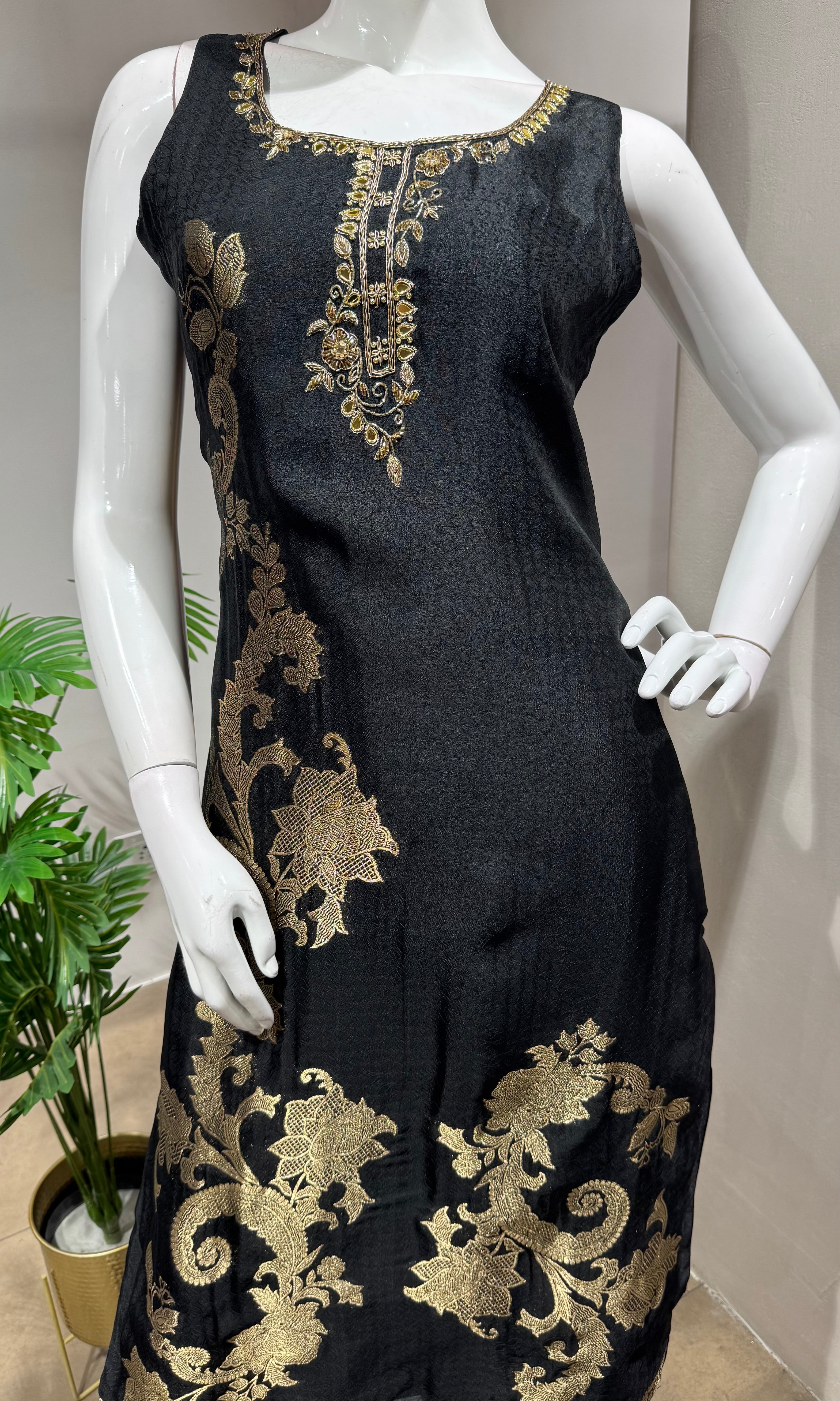 Black Silk Embroidered Straight Cut KURTA SET