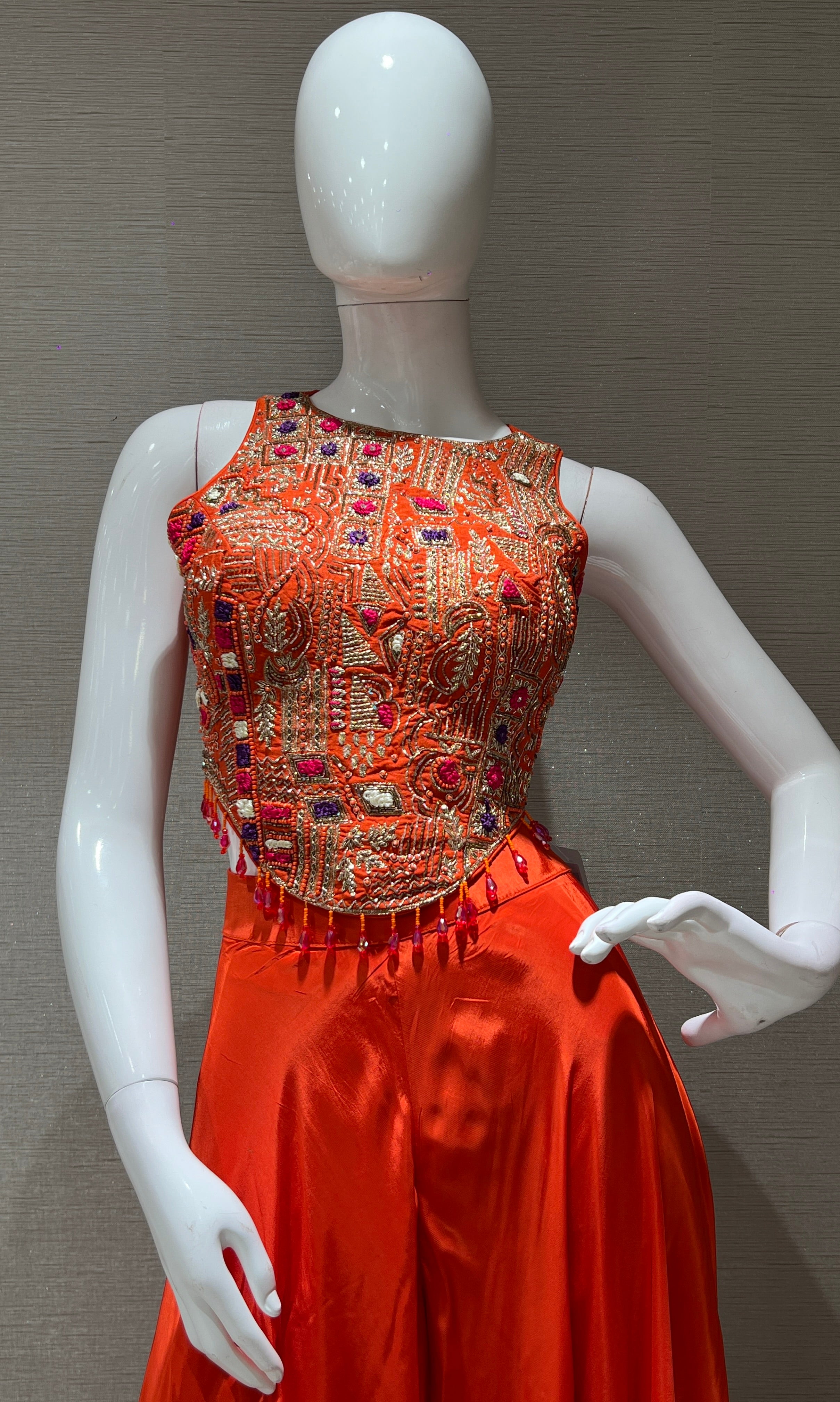 orange and gold embroidered palazzo set