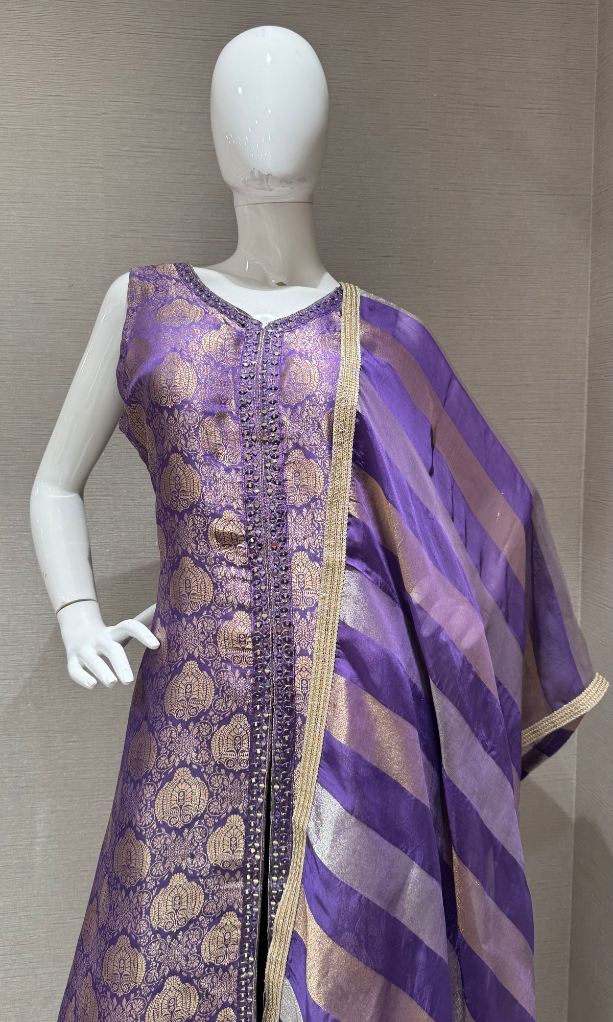 Purple and Gold Banarasi Silk Anarkali Set with Dupatta