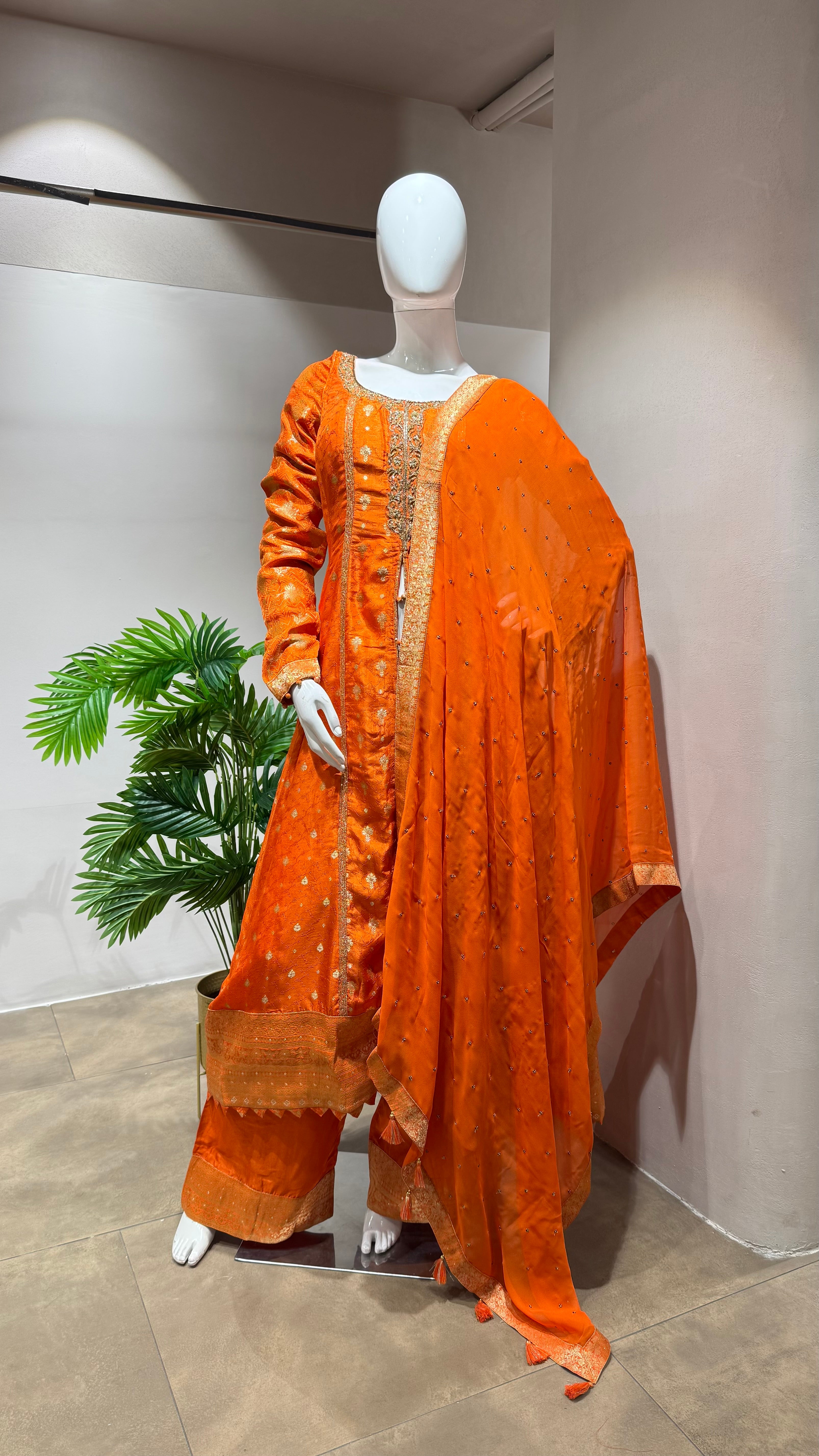 ORANGE GOLDEN ANARKALI WITH PALAZZO PANTS