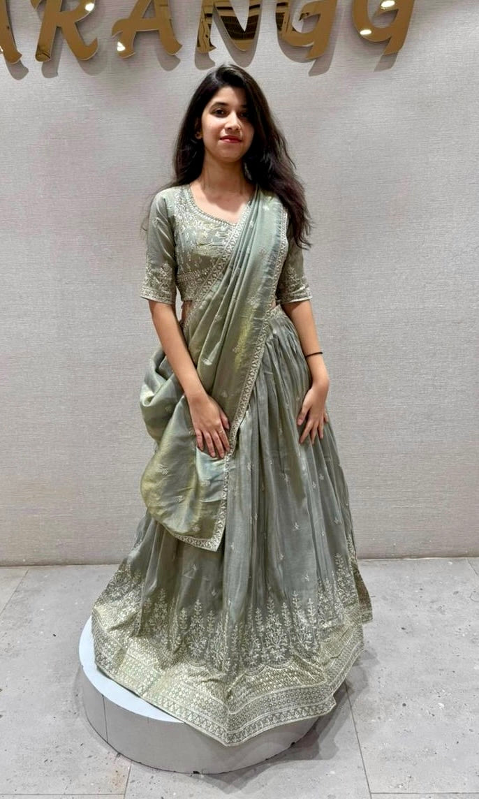 Sage GREEN Whisper Draped Lehenga Set