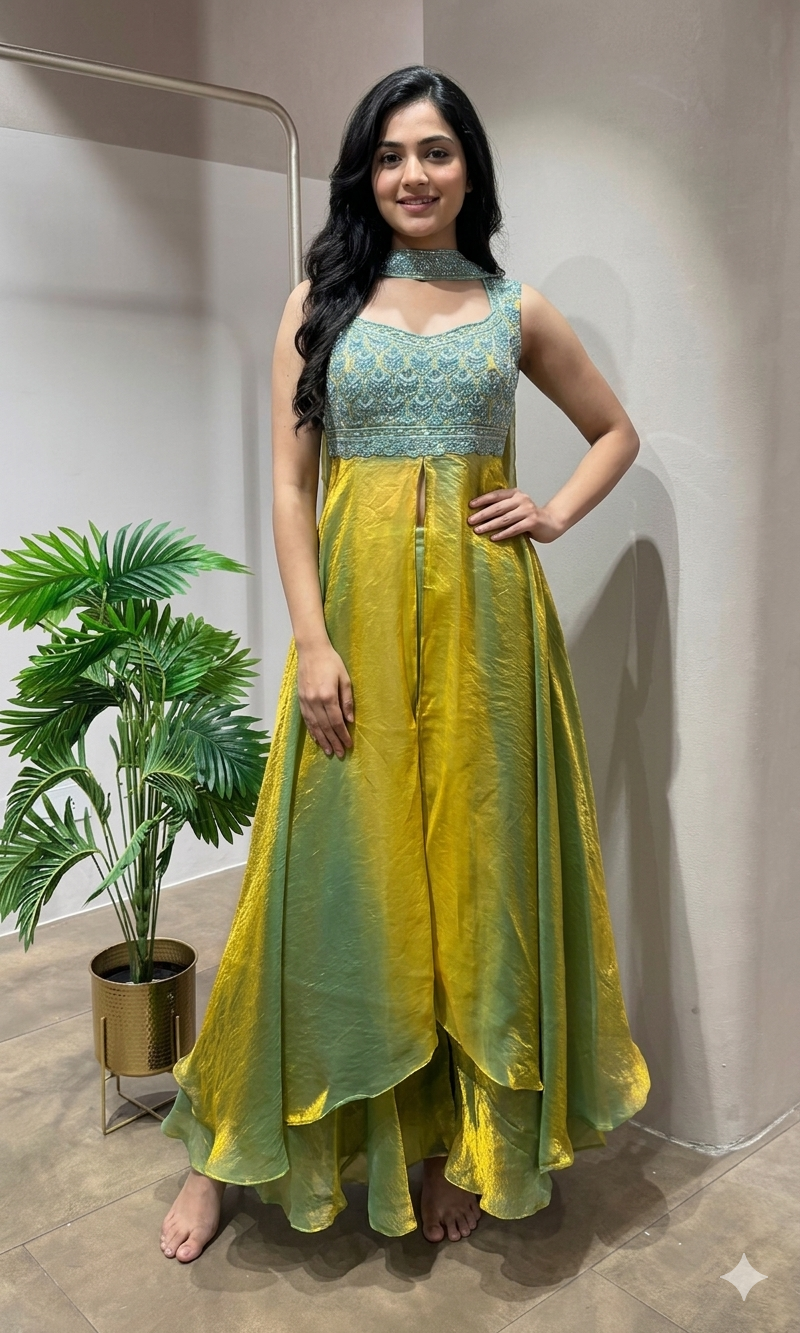 RAMA GREEN A LINE SHIMMER TISSUE PALAZZO SET