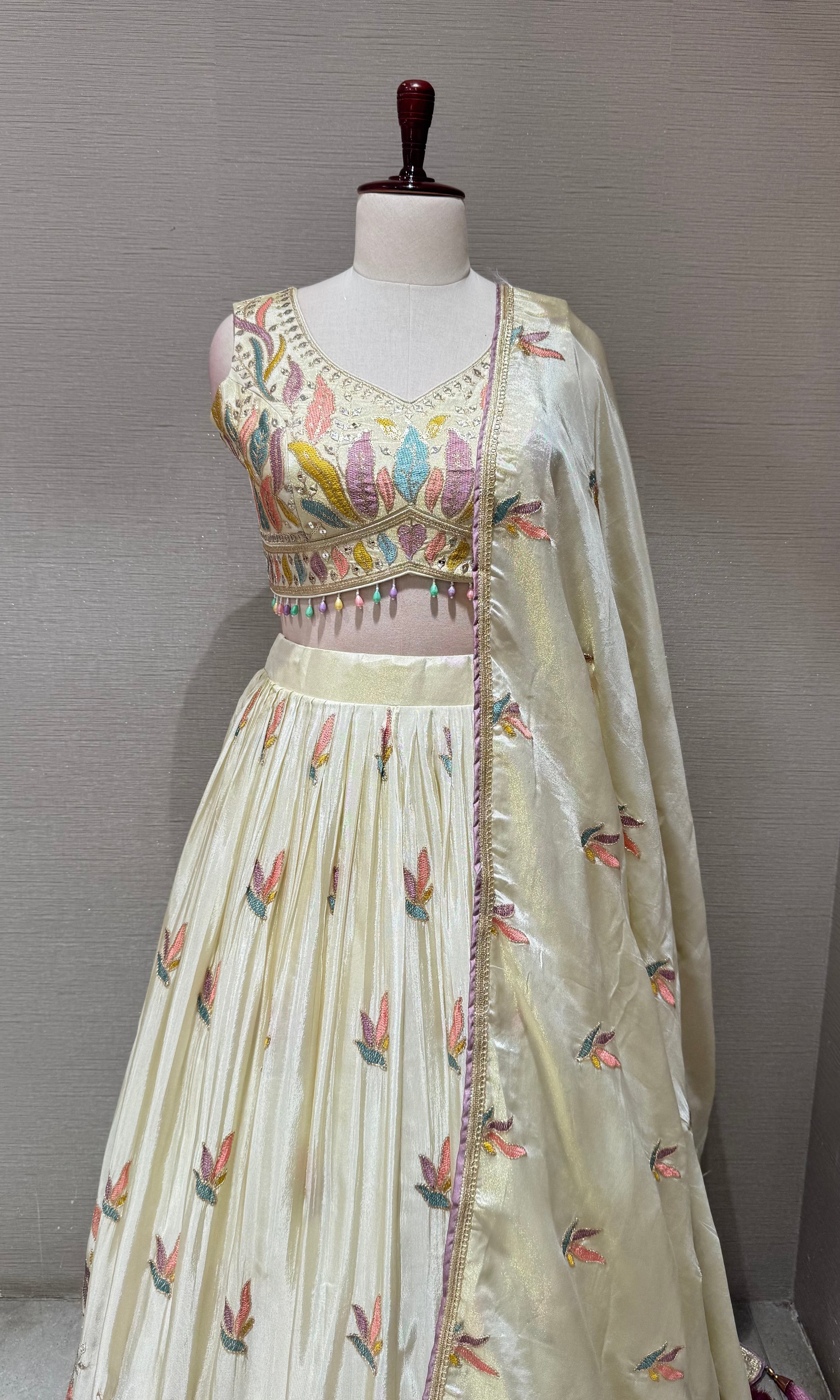Cream Tissue silk Floral Print Lehenga Set