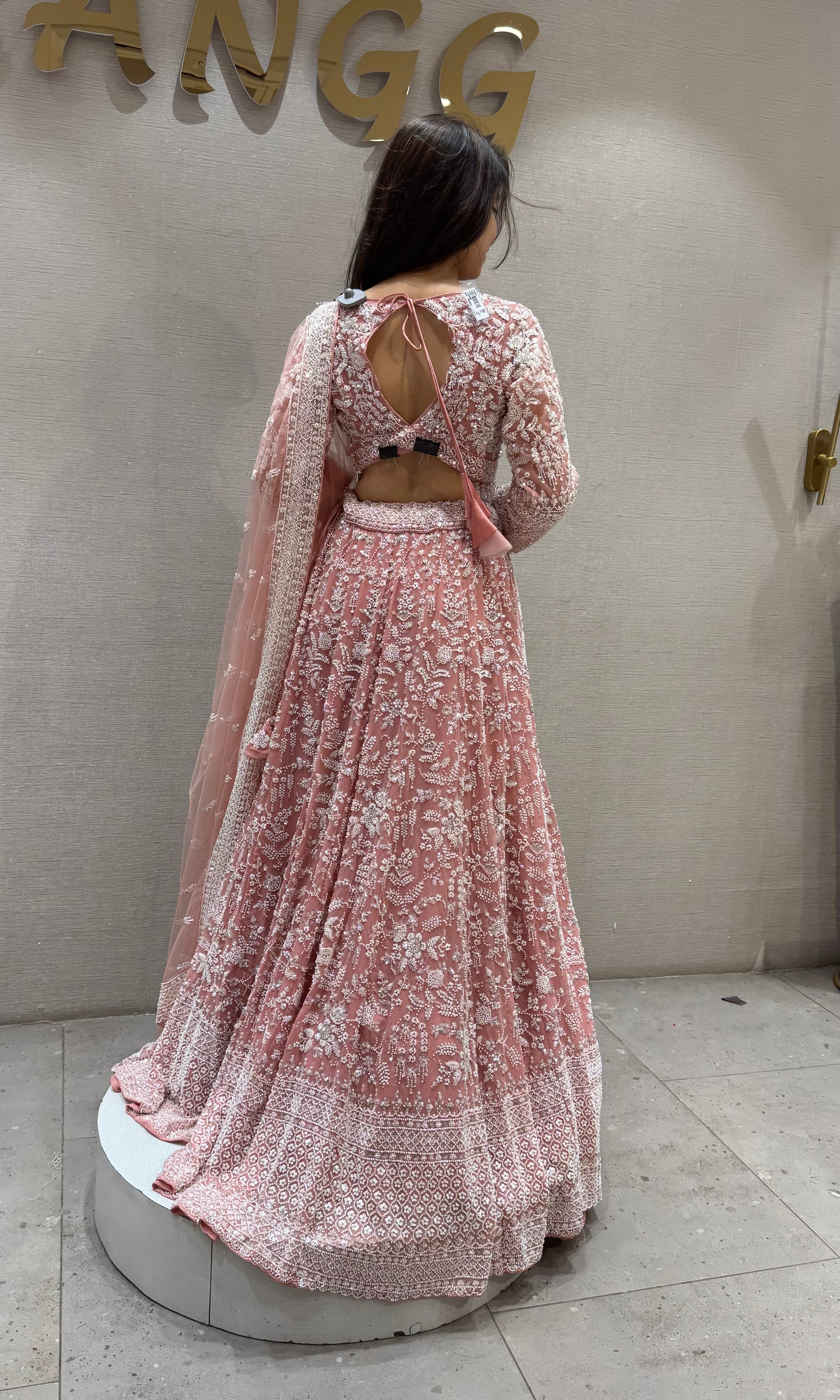 PEACH Net Lehenga with Intricate Sequins