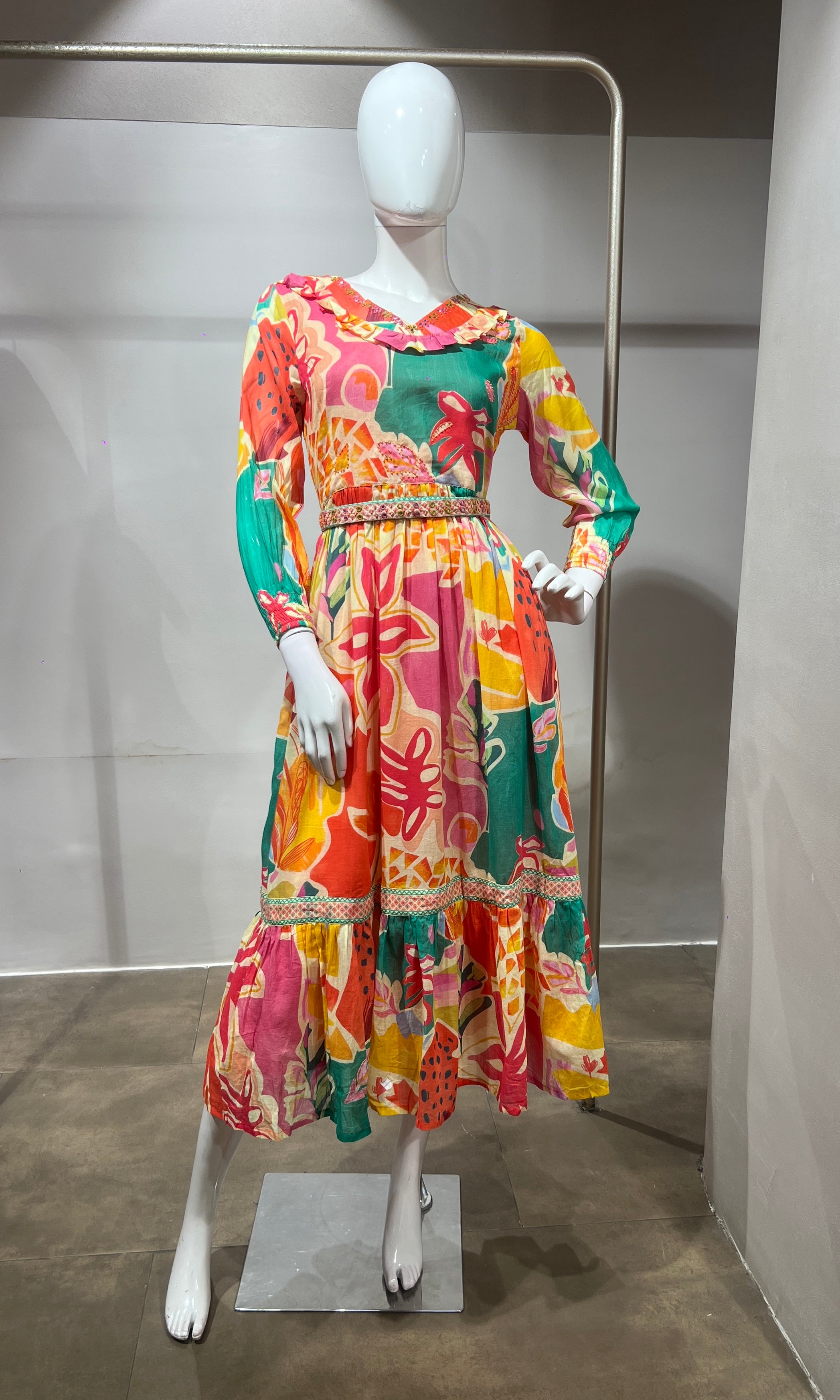 Multi Abstract Print Long Sleeve Frock