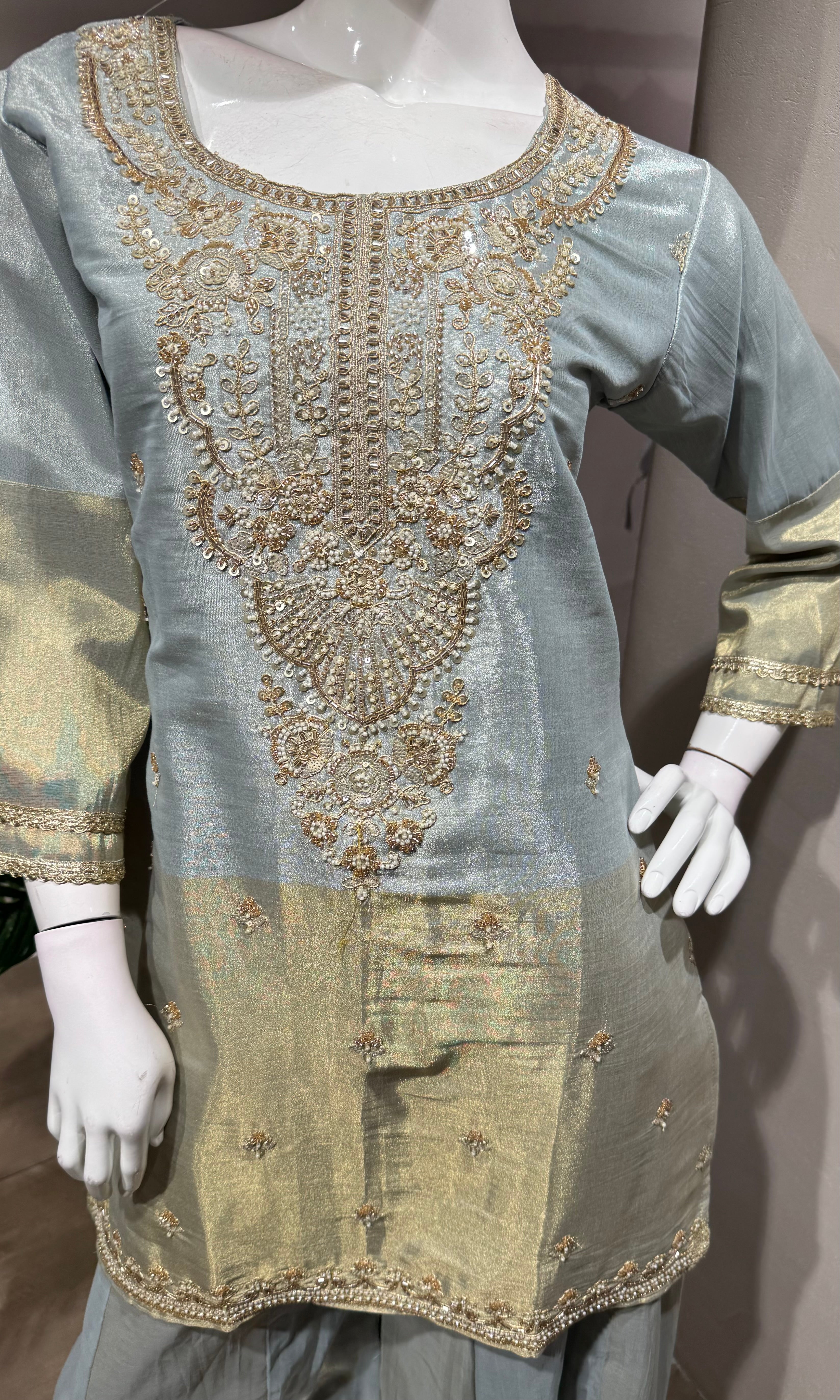 Grey & Gold Embroidered Festive Sharara Set