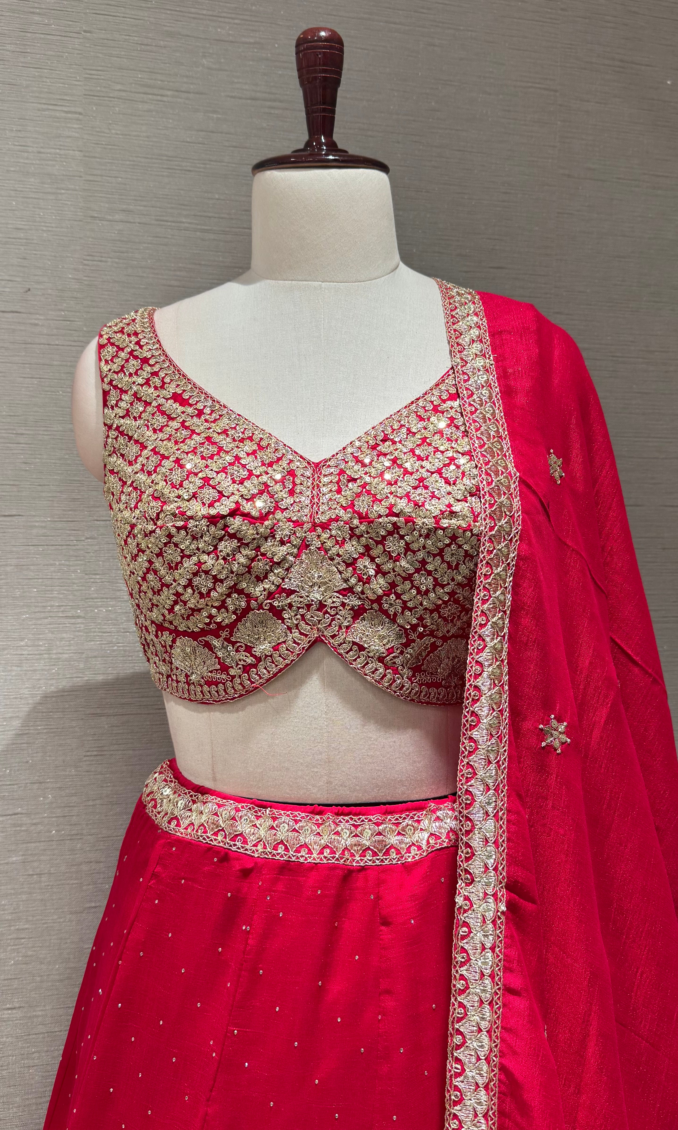Bright Rani Lehenga Choli with Gold Embroidery