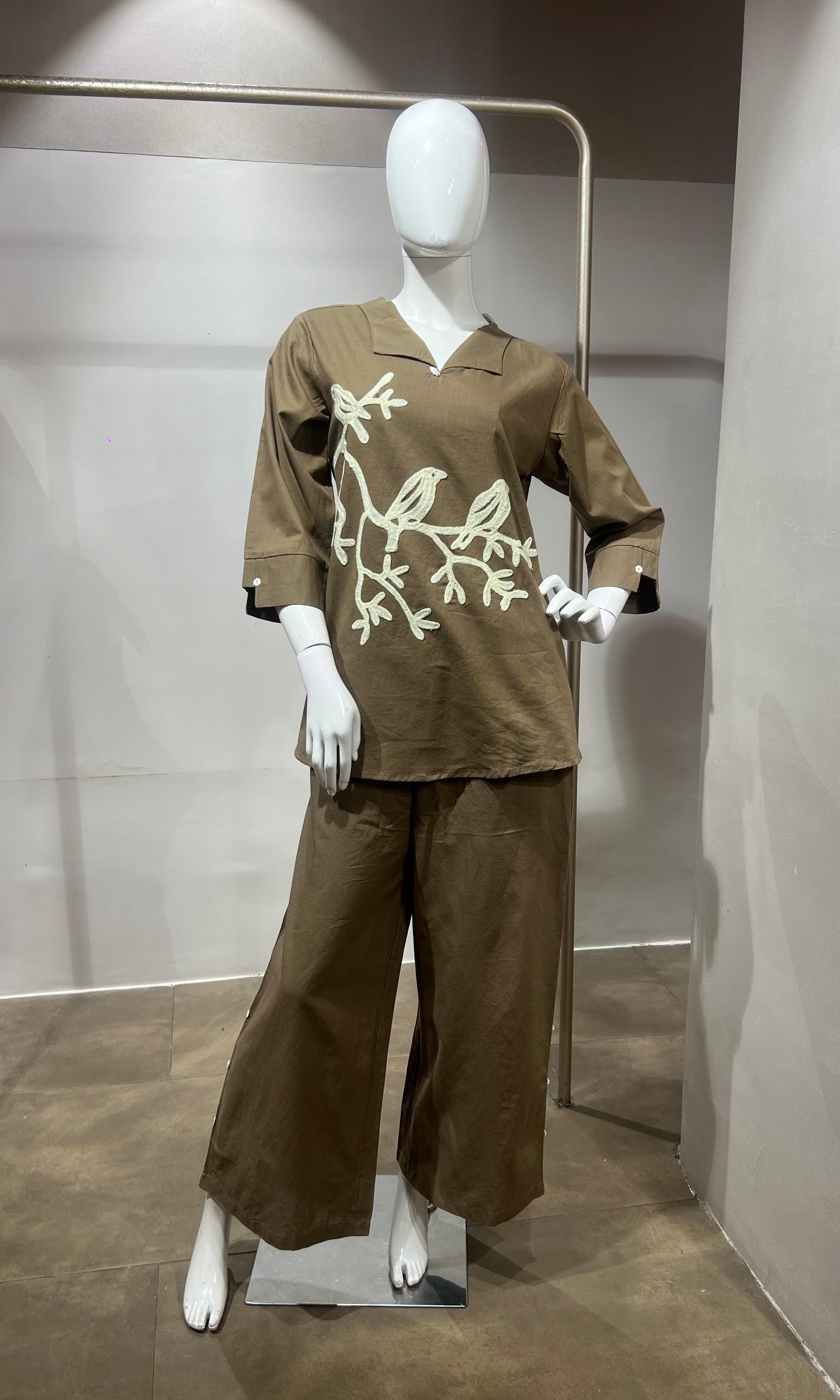 Brown Bird Print Tunic Cord set