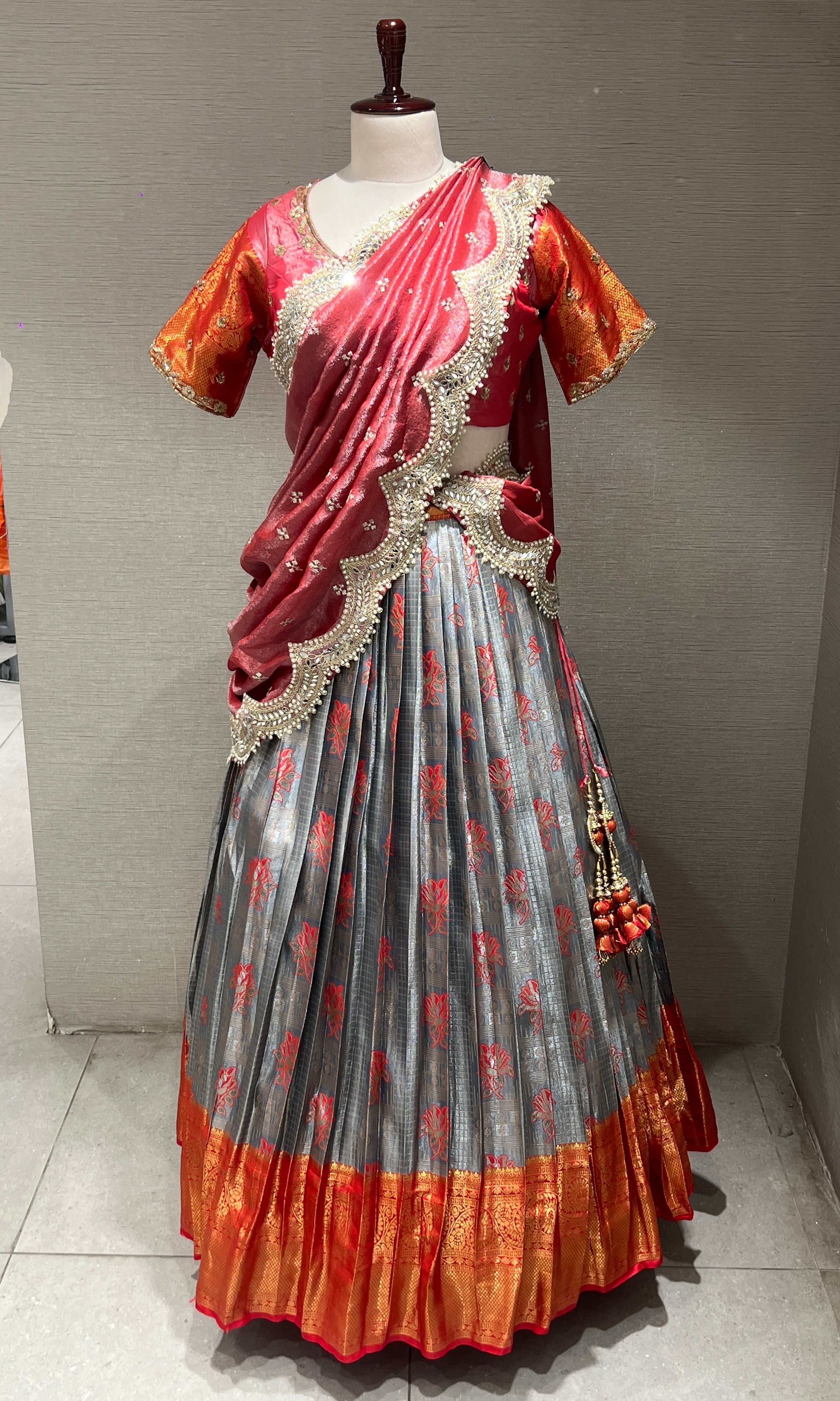 Rani pink AND Grey Floral lehenga