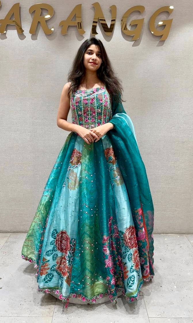 Teal BLUE Bloom Organza Lehenga
