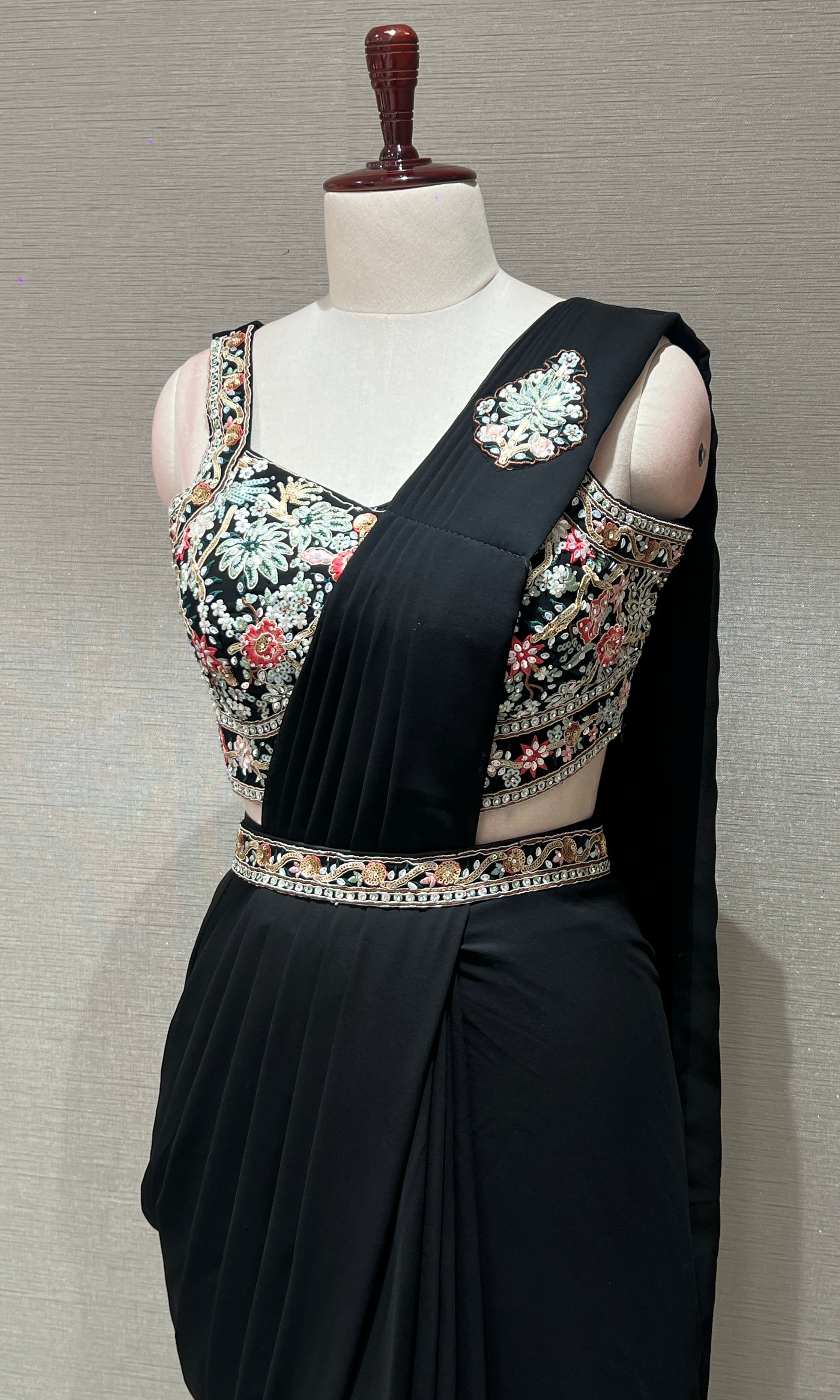 BLACK DRAPE SAREE WITH FLORAL BLOUSE
