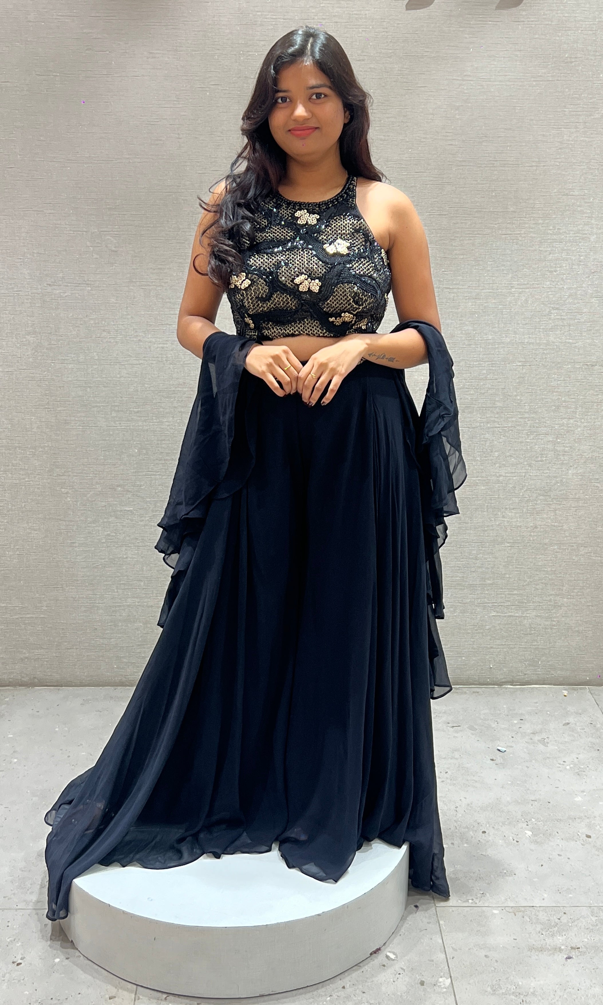 Black Embellished Halter Neck Top and Skirt