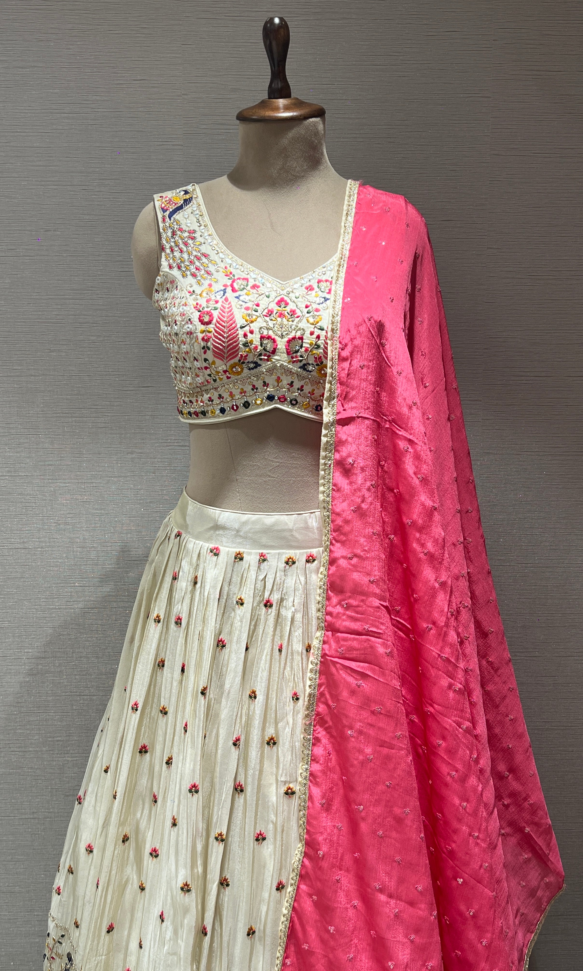 IVORY WHITE CREAM FLORAL EMBROIDERED LEHENGA