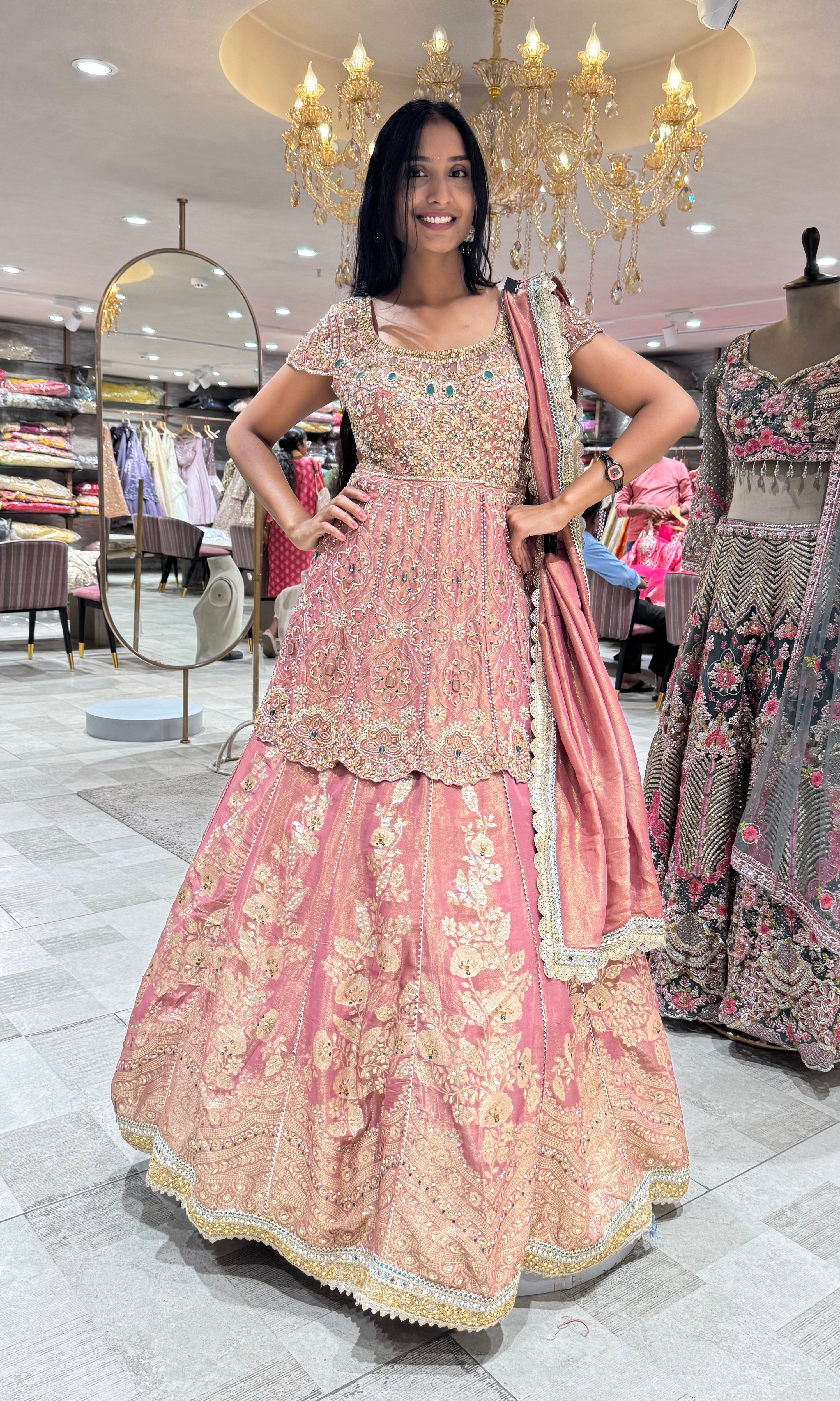 0NION PINK GOLDEN FLORAL EMBROIDERED LEHENGA