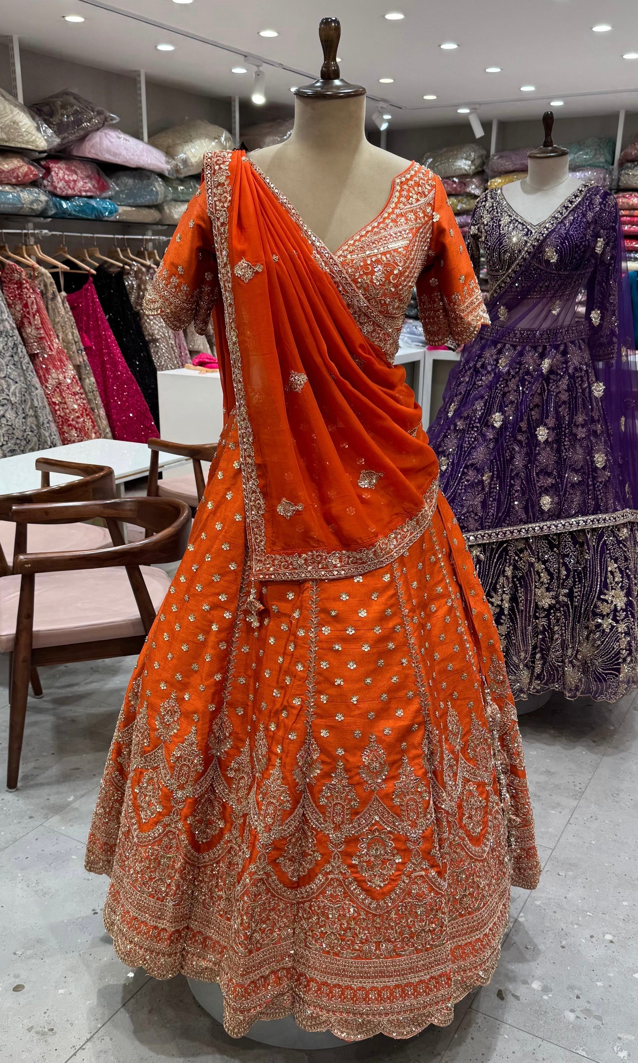 Rust Orange Zari and Sequins Lehenga