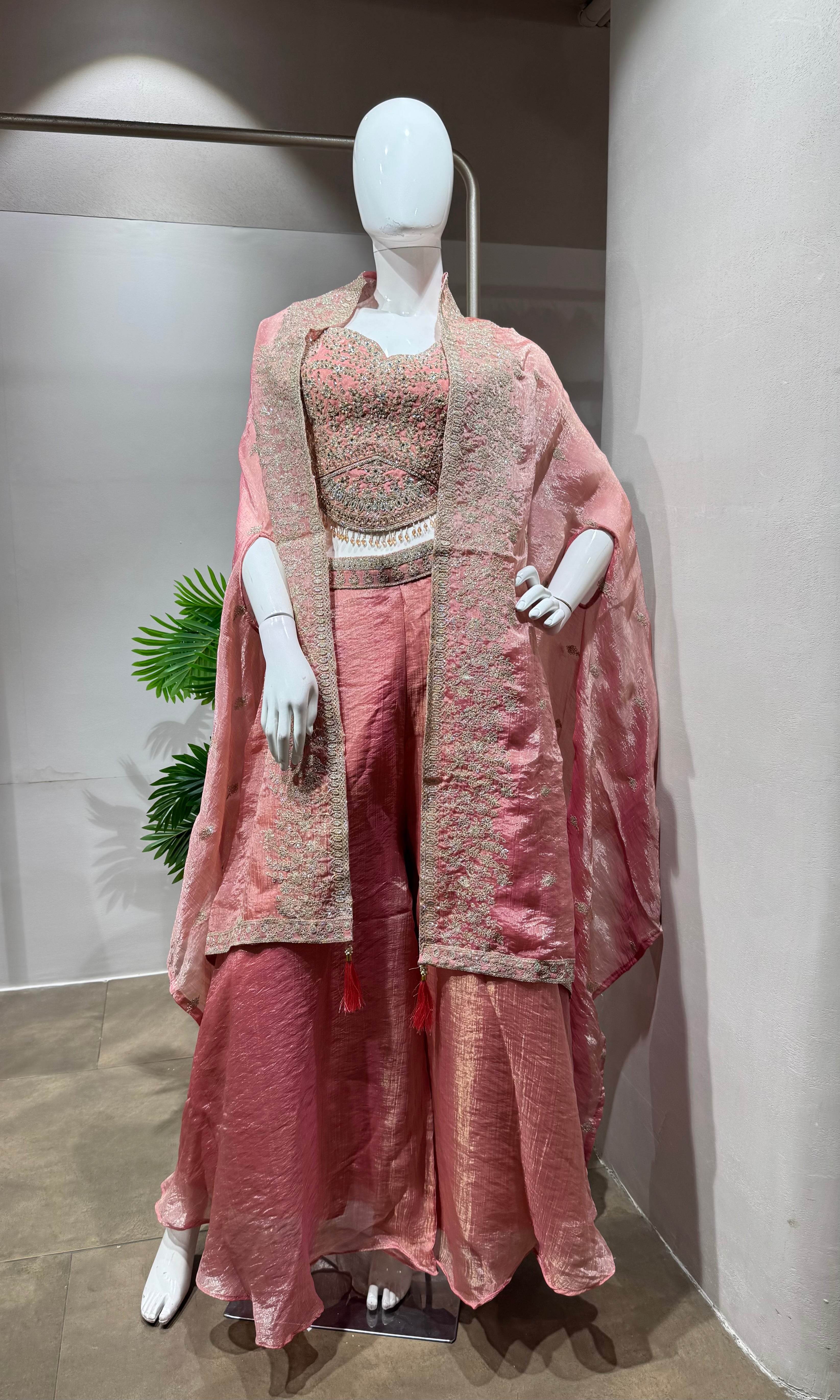 Rose Pink Jacquard Jacket Palazzo Set