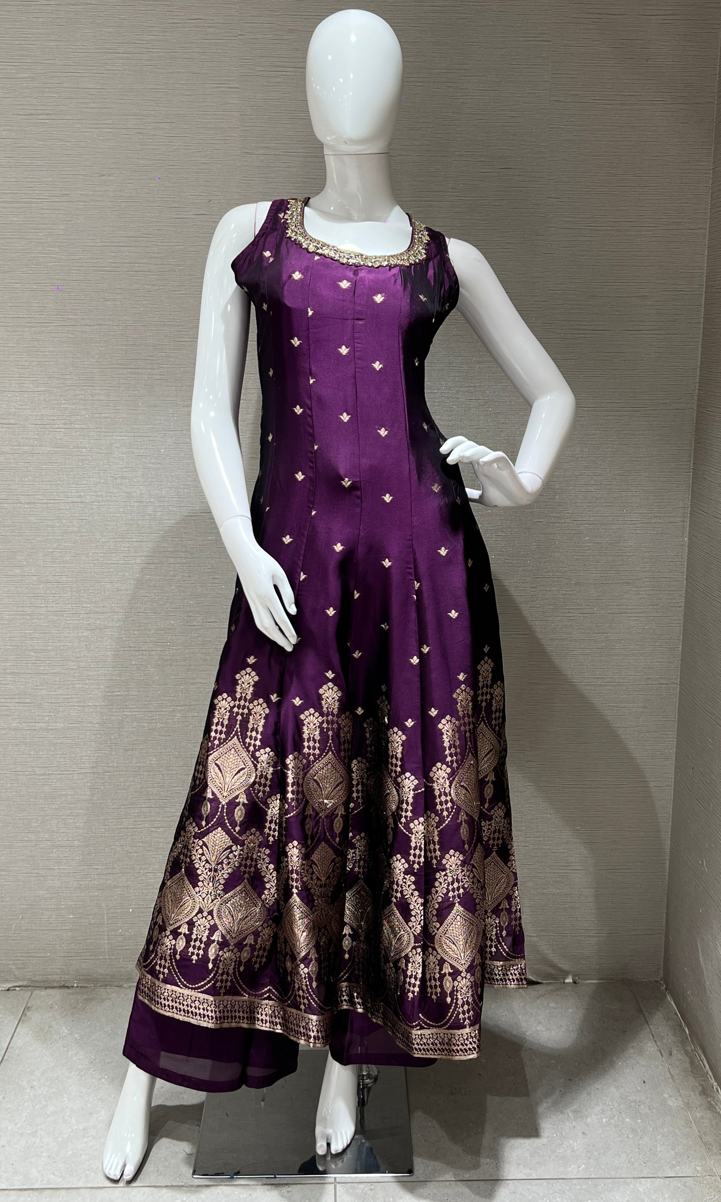 purple Anarkali with gold embroidery