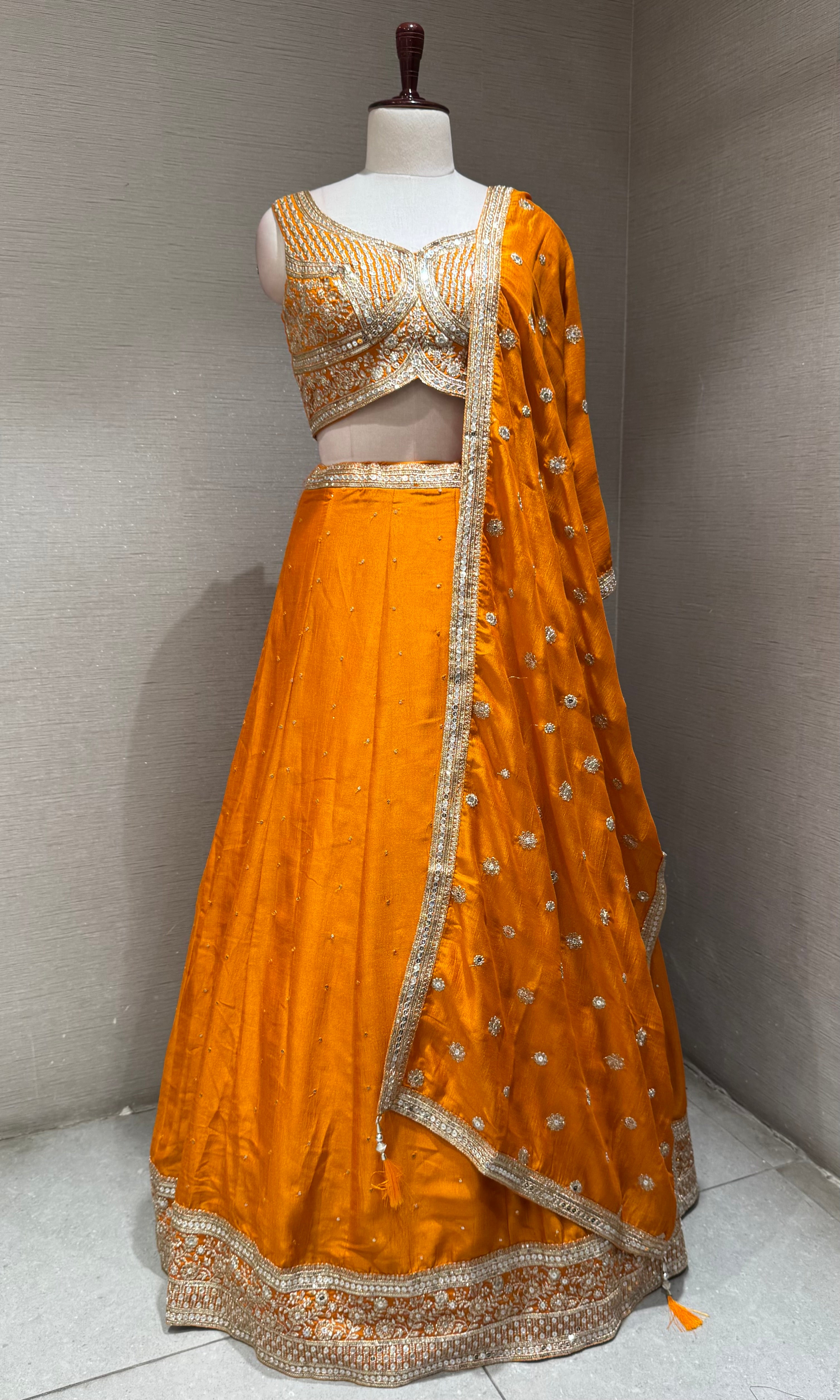 Orange Embroidered Lehenga Set with Gold Borders