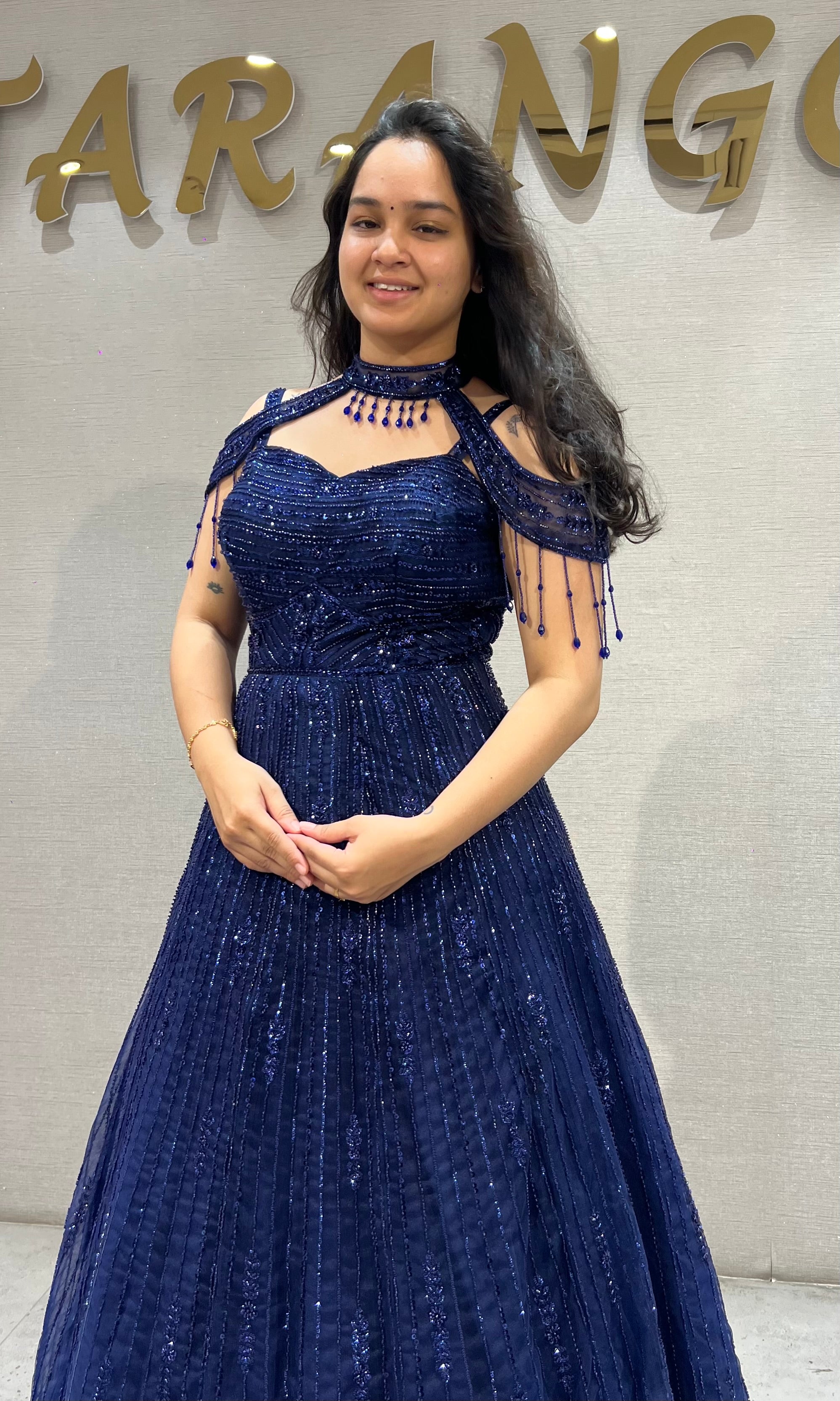 Royal Blue Halter Neck Ballgown with Sheer Cap Sleeves