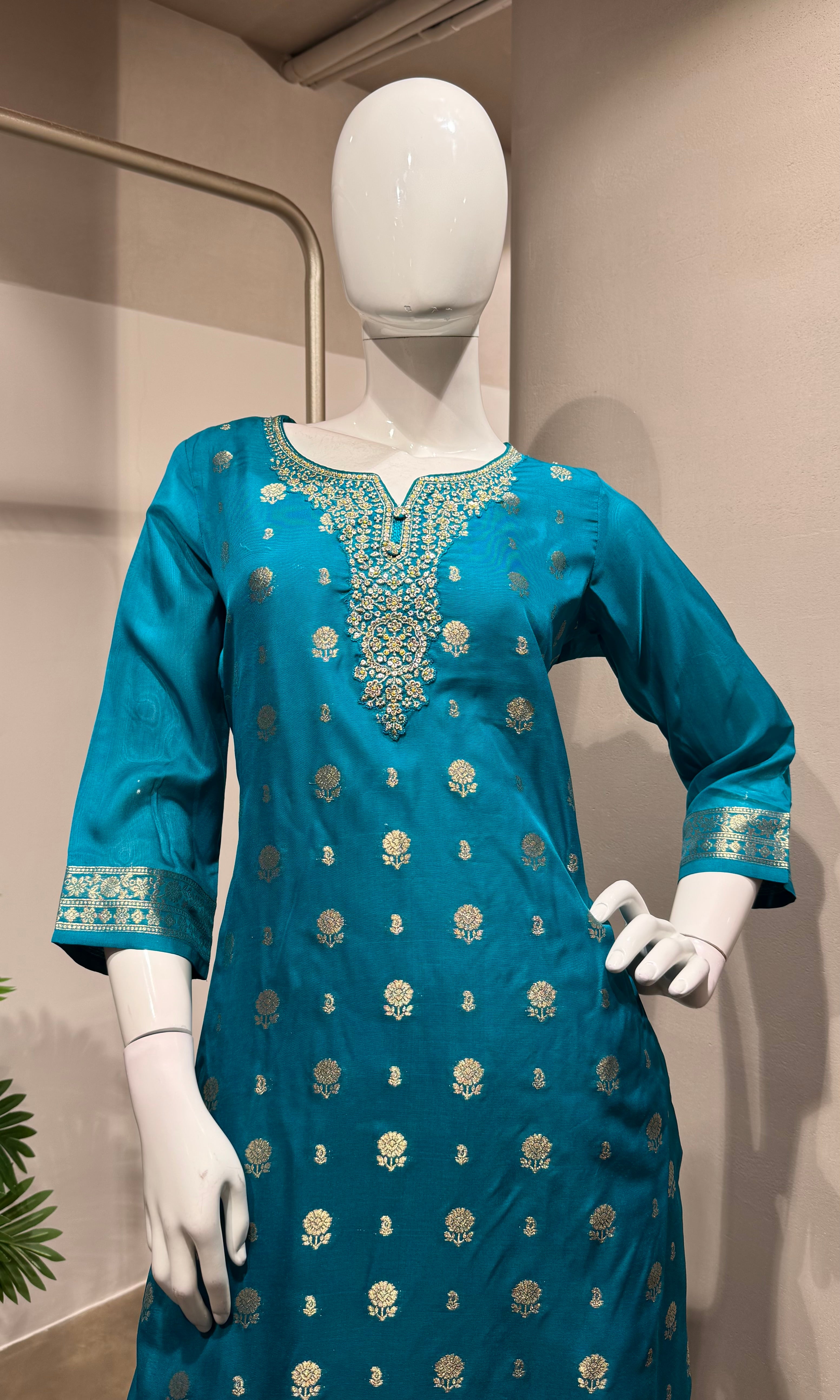 Rama blue silk kurta set with yellow dupatta