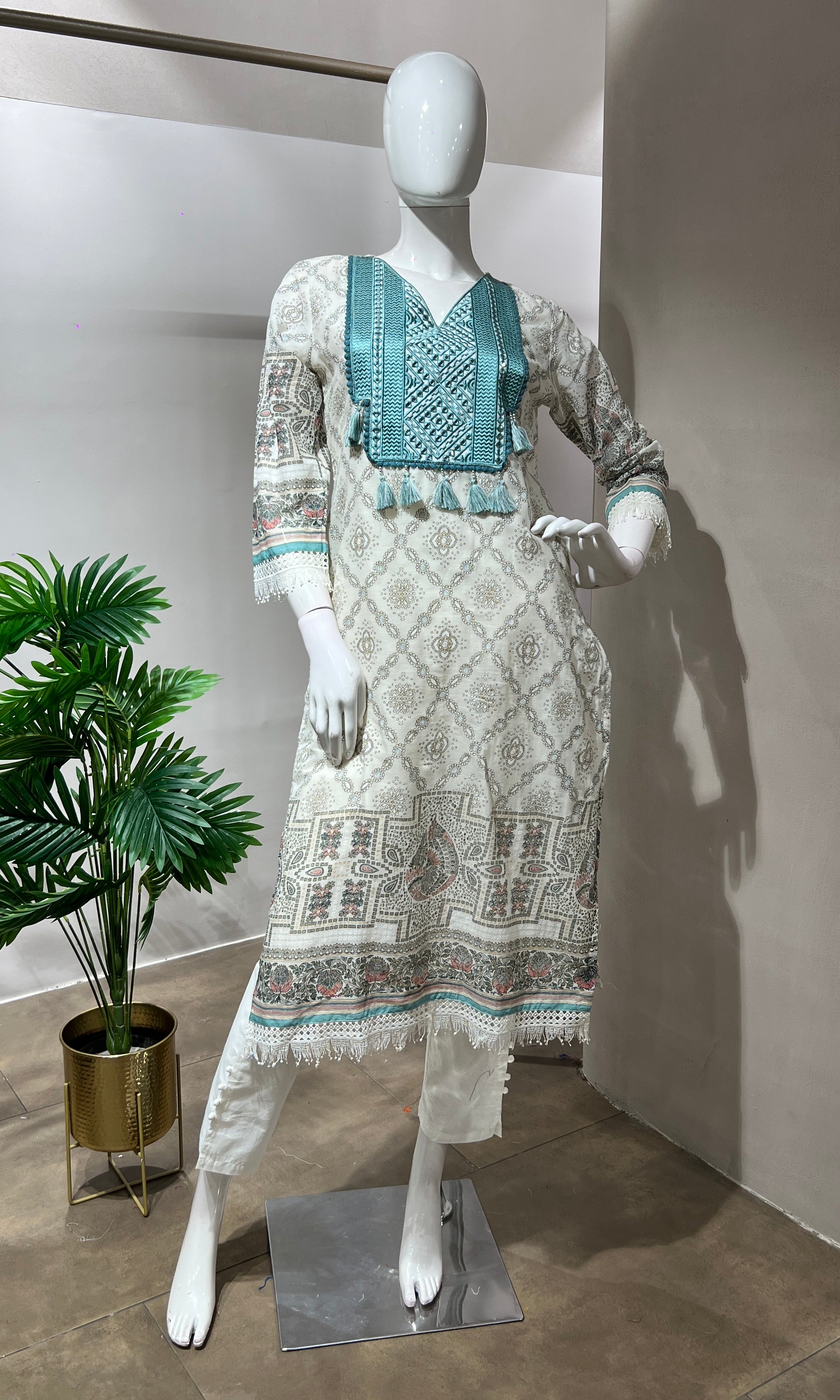 IVORY & BLUE COTTON KURTA SET