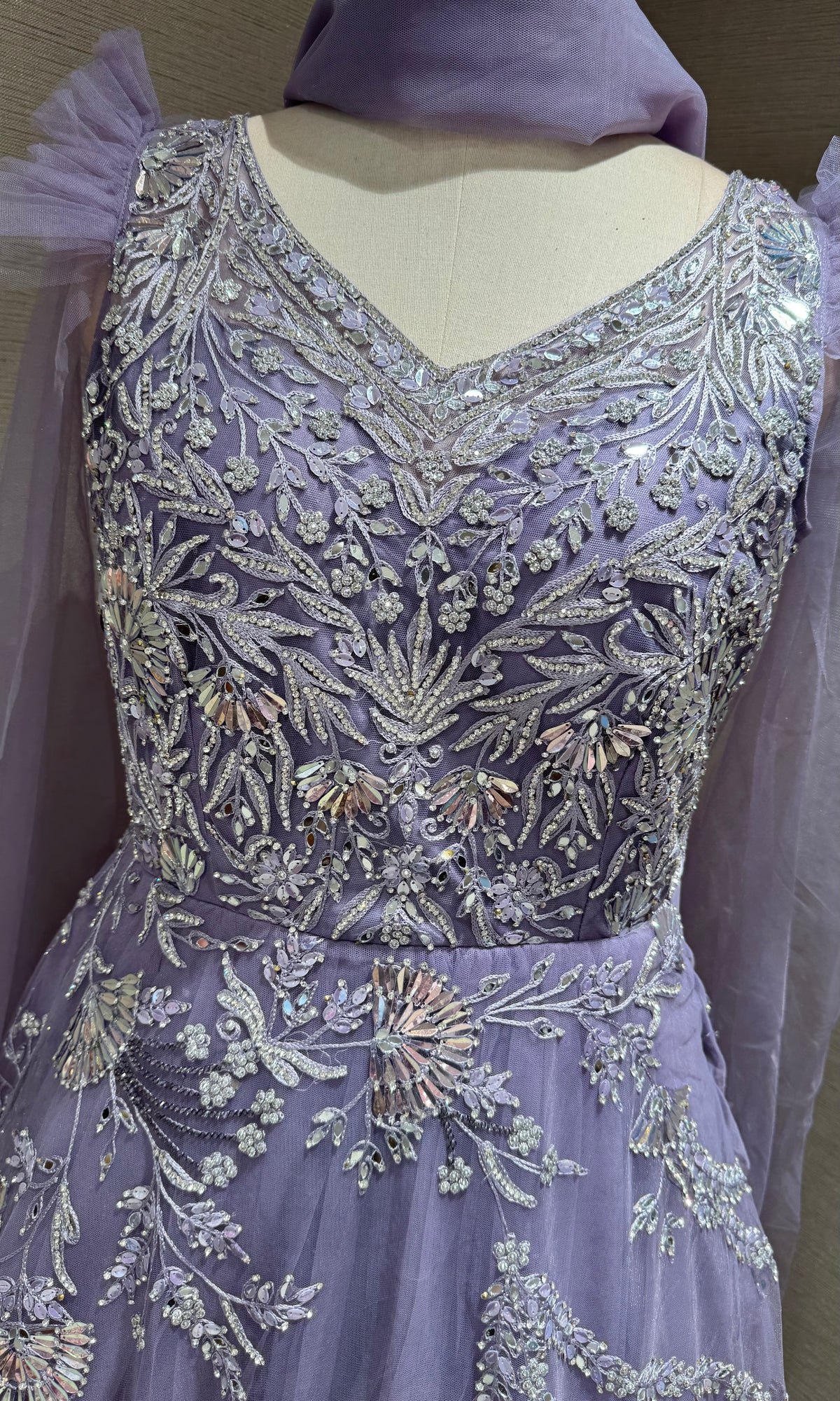 Purple Tulle Gown with Silver Floral Accents