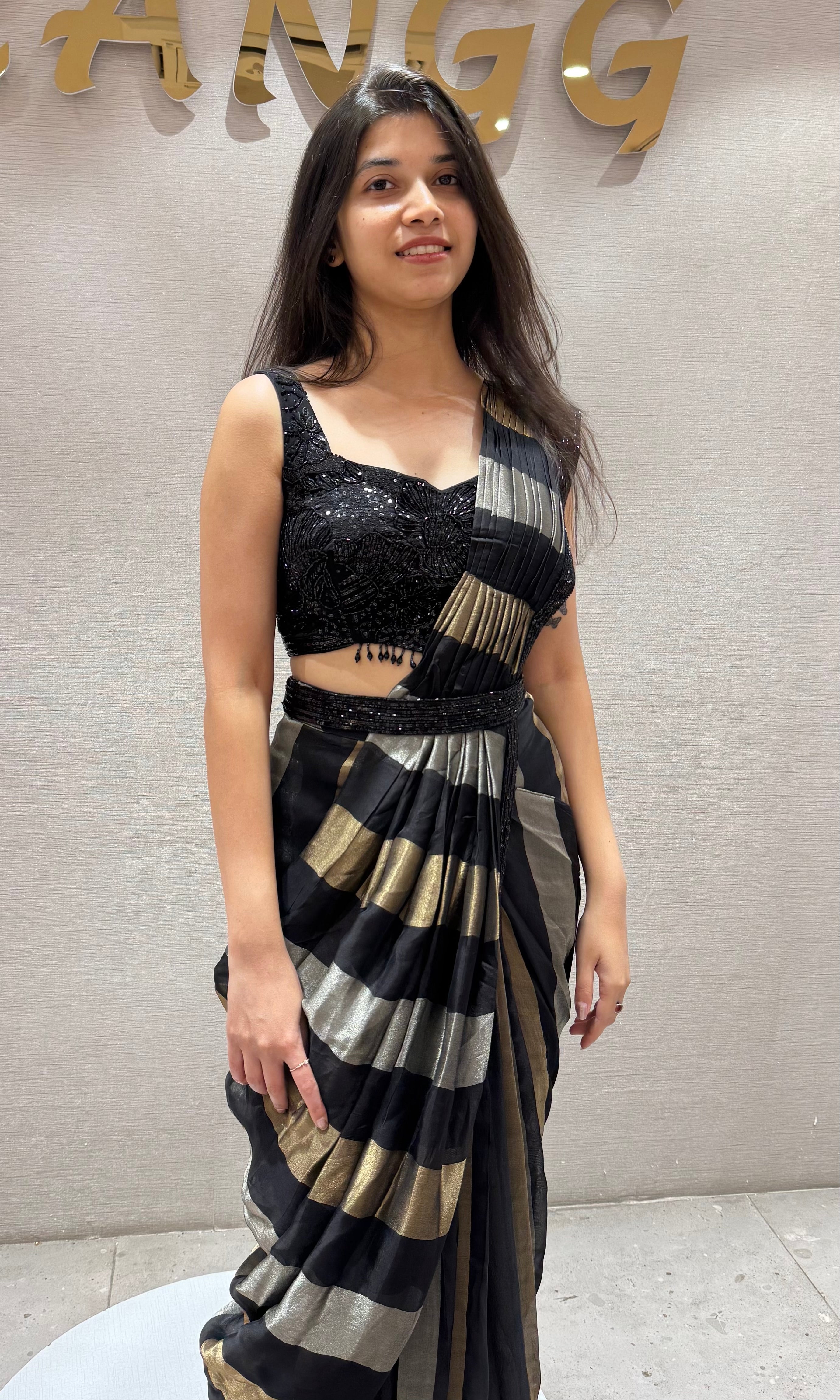 Black Tissue Drape Saree With Belt