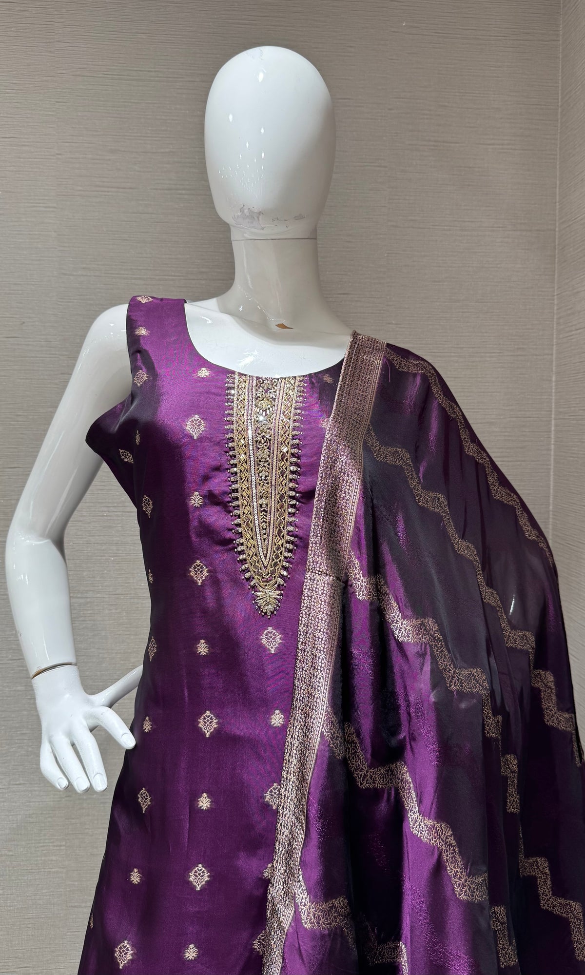 Wine Silk Embroidered Kurta Set with Banarasi Dupatta