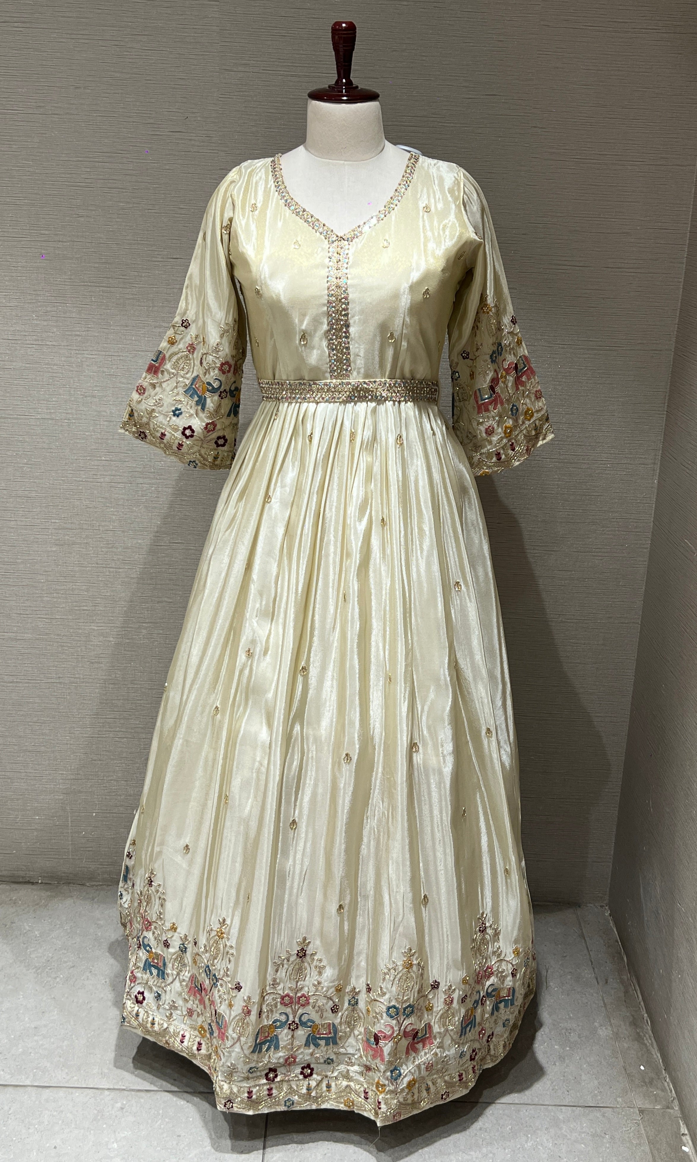 Elegant Cream Anarkali Long Gown with Floral Embroidery