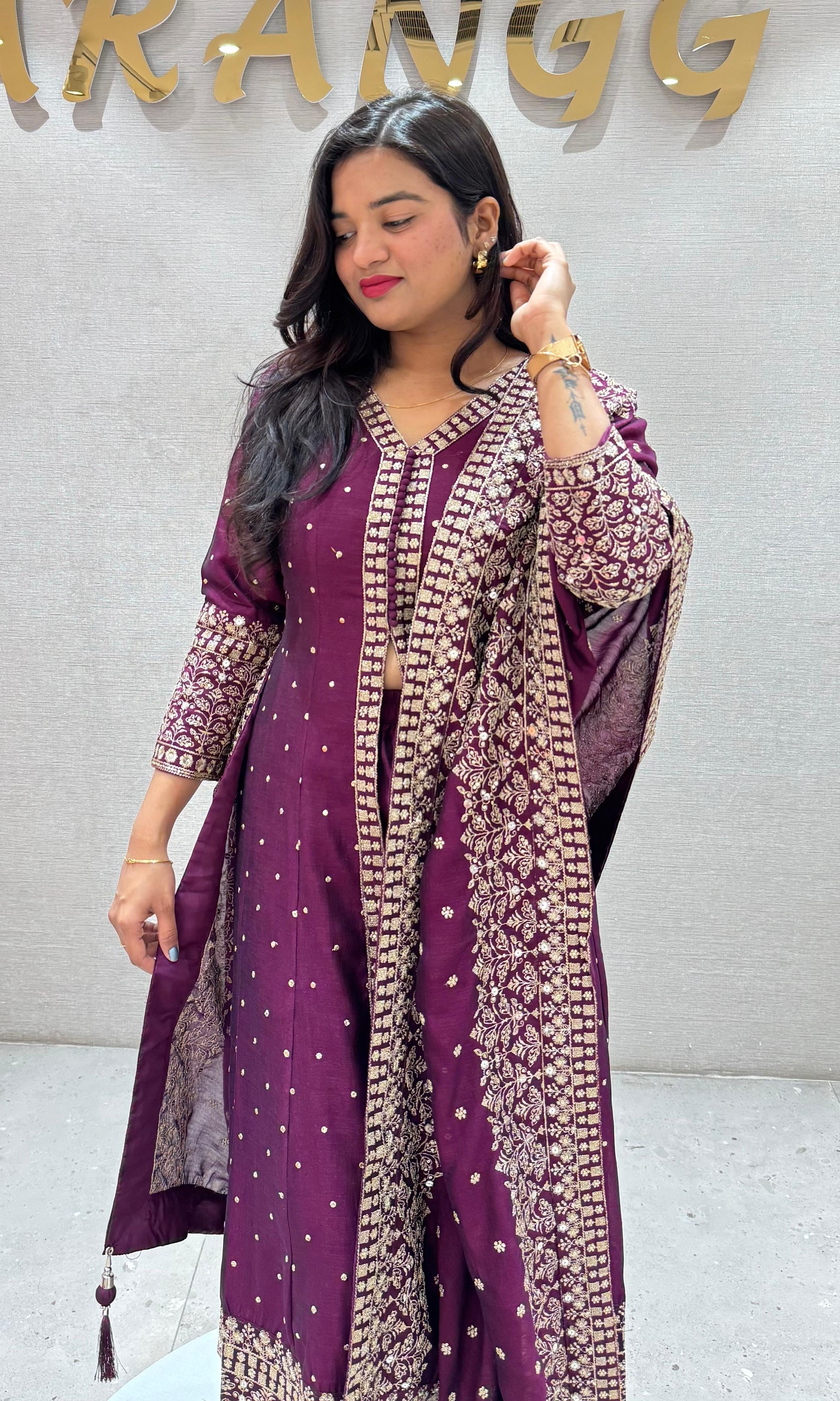 Wine FRONT SLIT EMBROIDERED ANARKALI