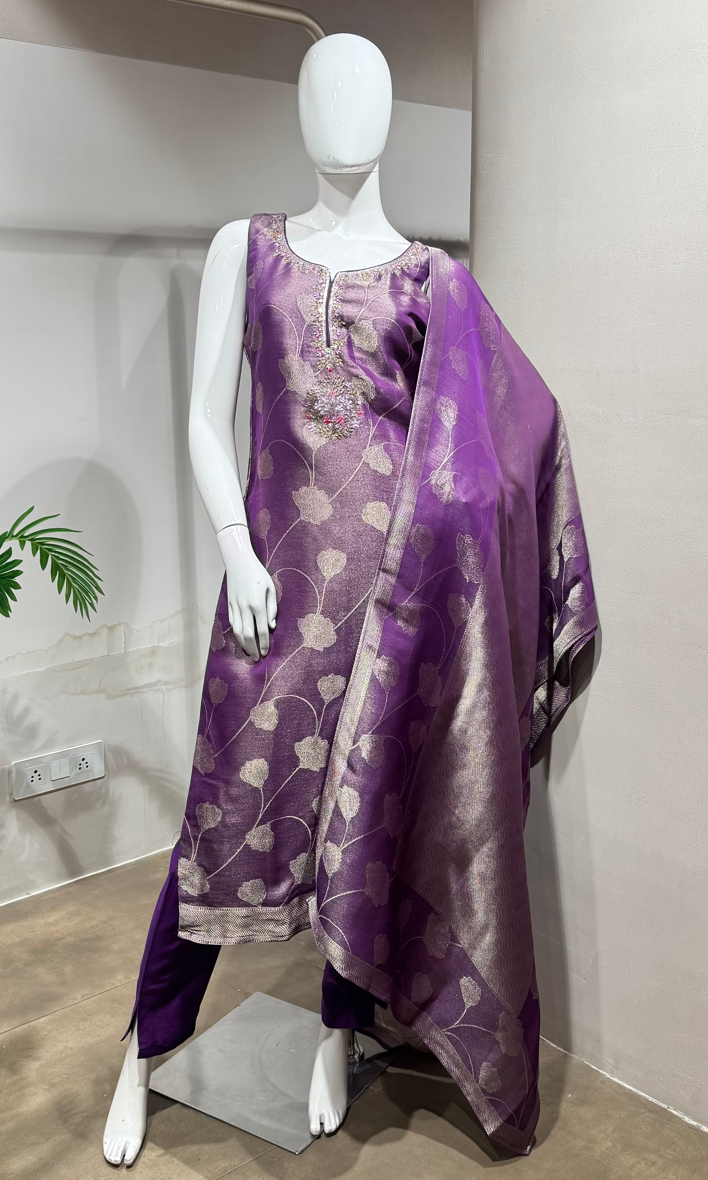 purple and gold Banarasi ethnic kurta set
