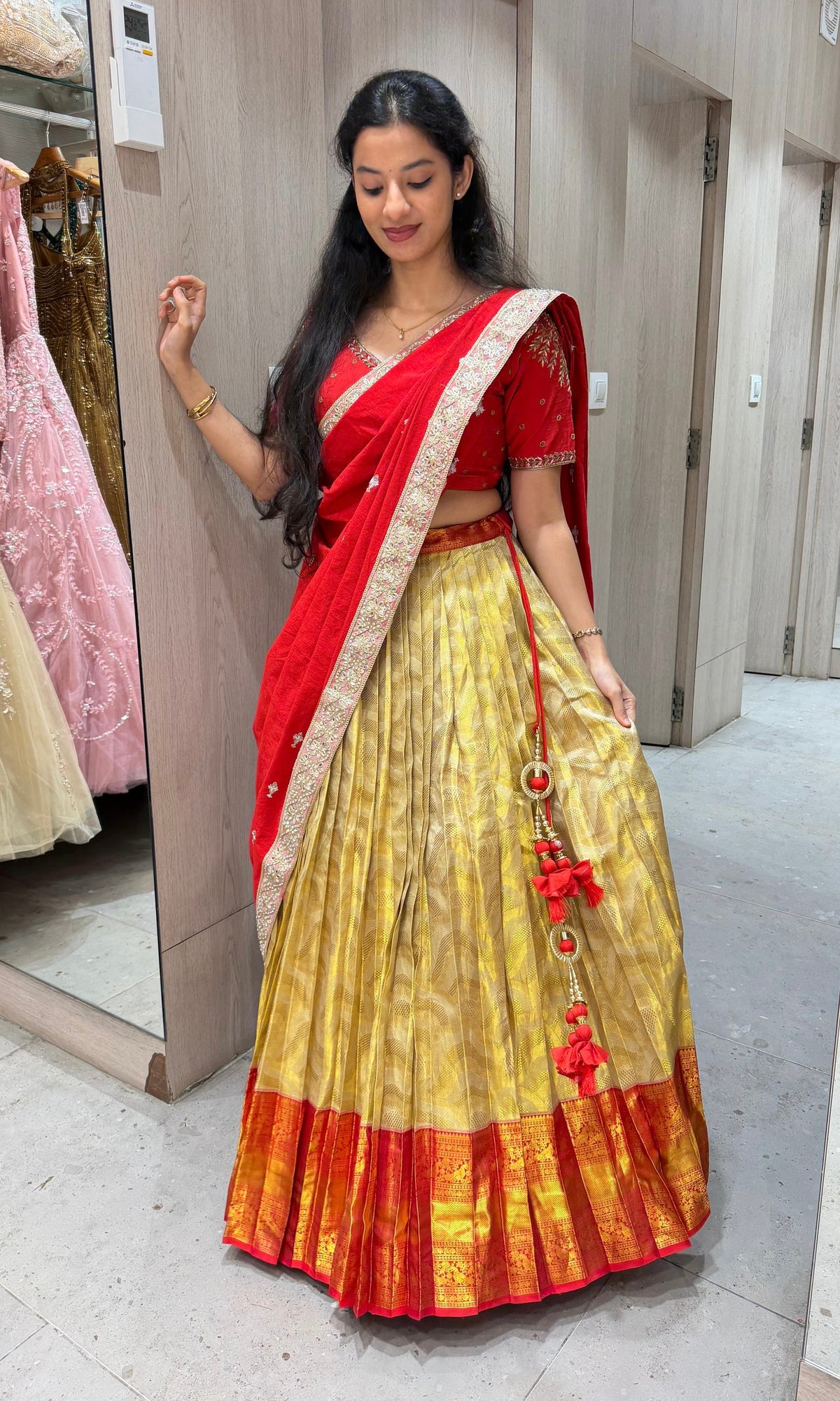 Red and gold banarasi pattu lehenga set