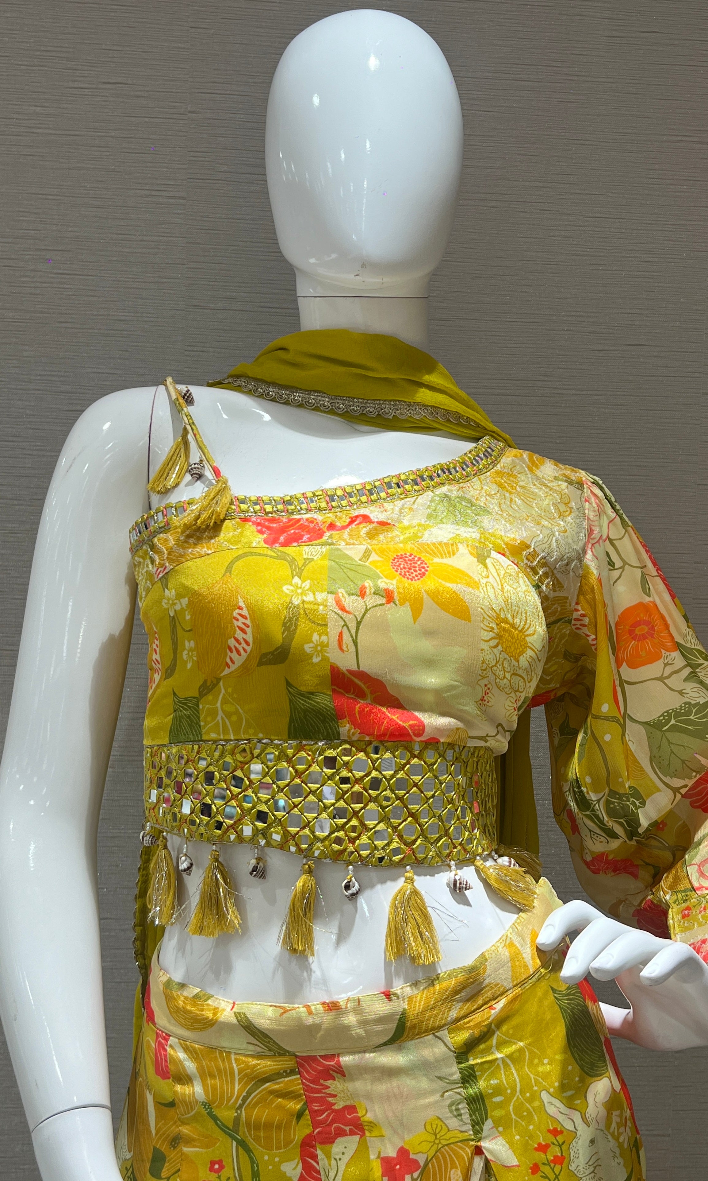 Yellow one shoulder crop top with palazzo