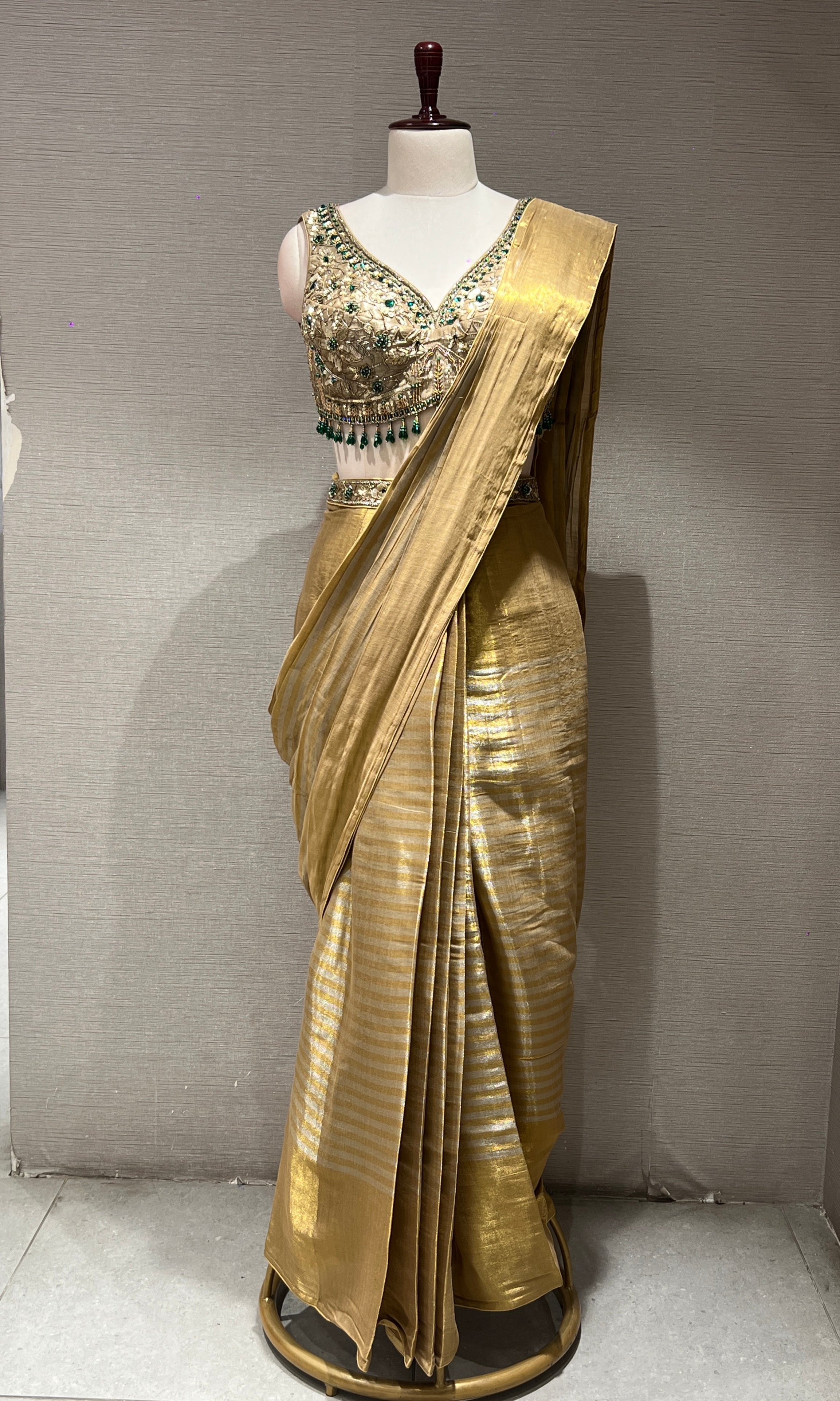GOLDEN DRAPE SAREE WITH EMBELLISHED BLOUSE