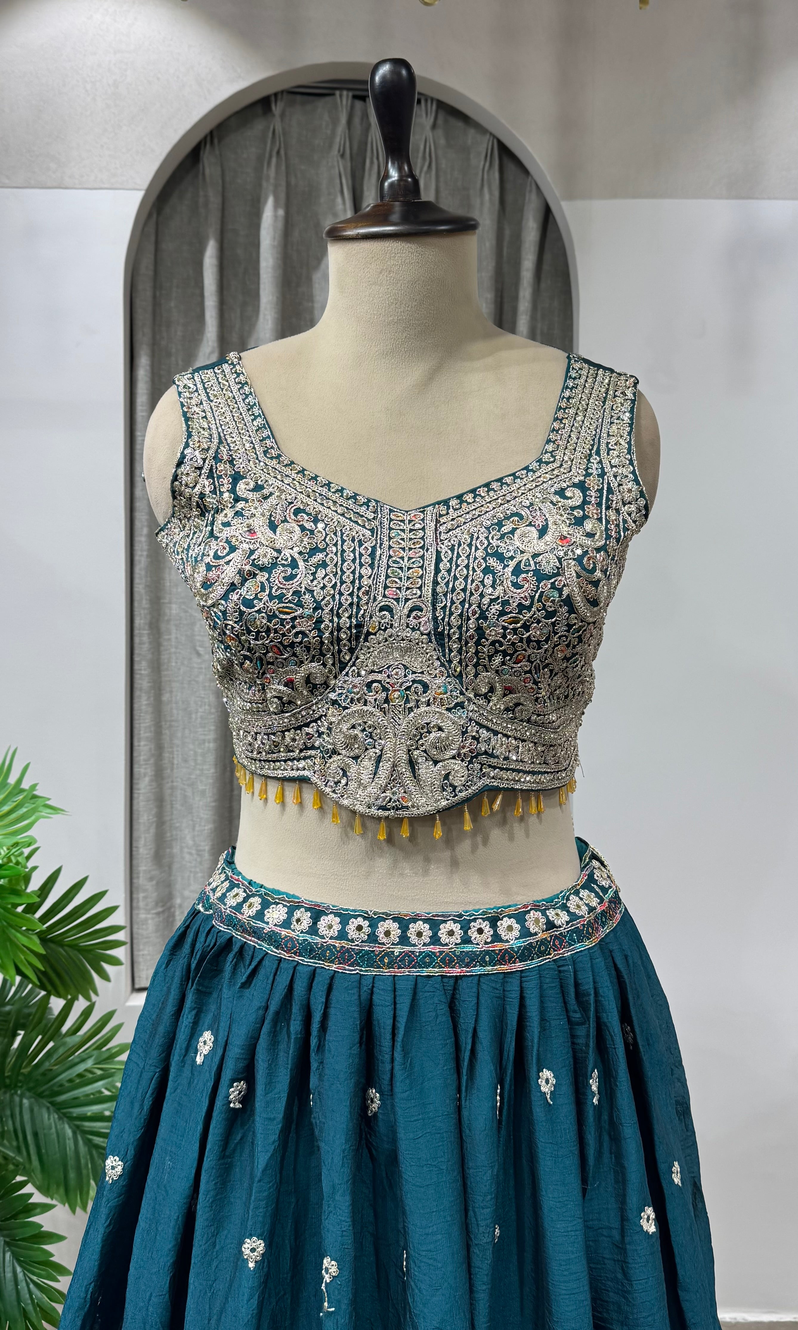 Peacock Blue Silk Embroidered Lehenga Choli Set