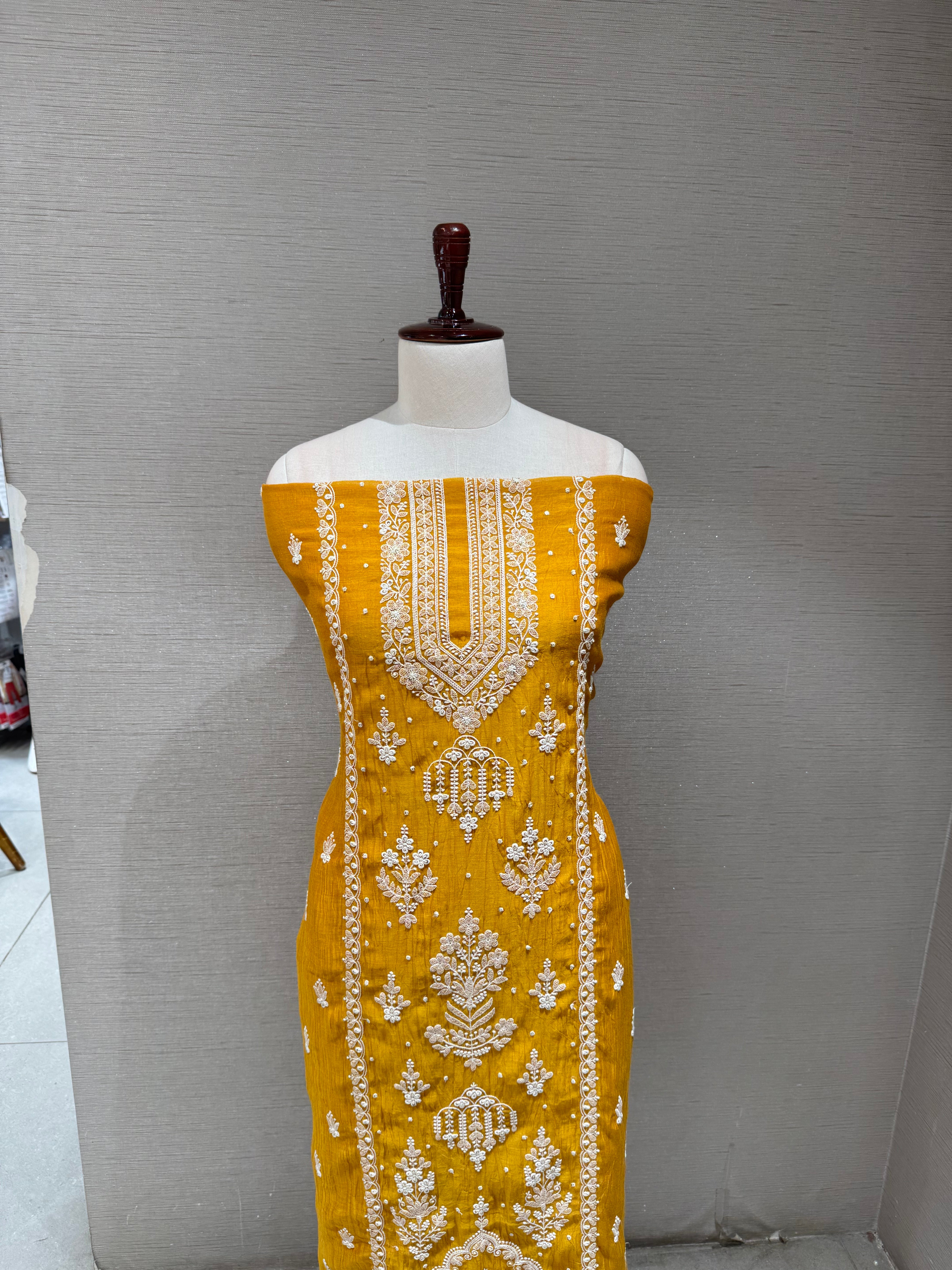 Mustard Yellow Embroidered Silk Dress Material Set