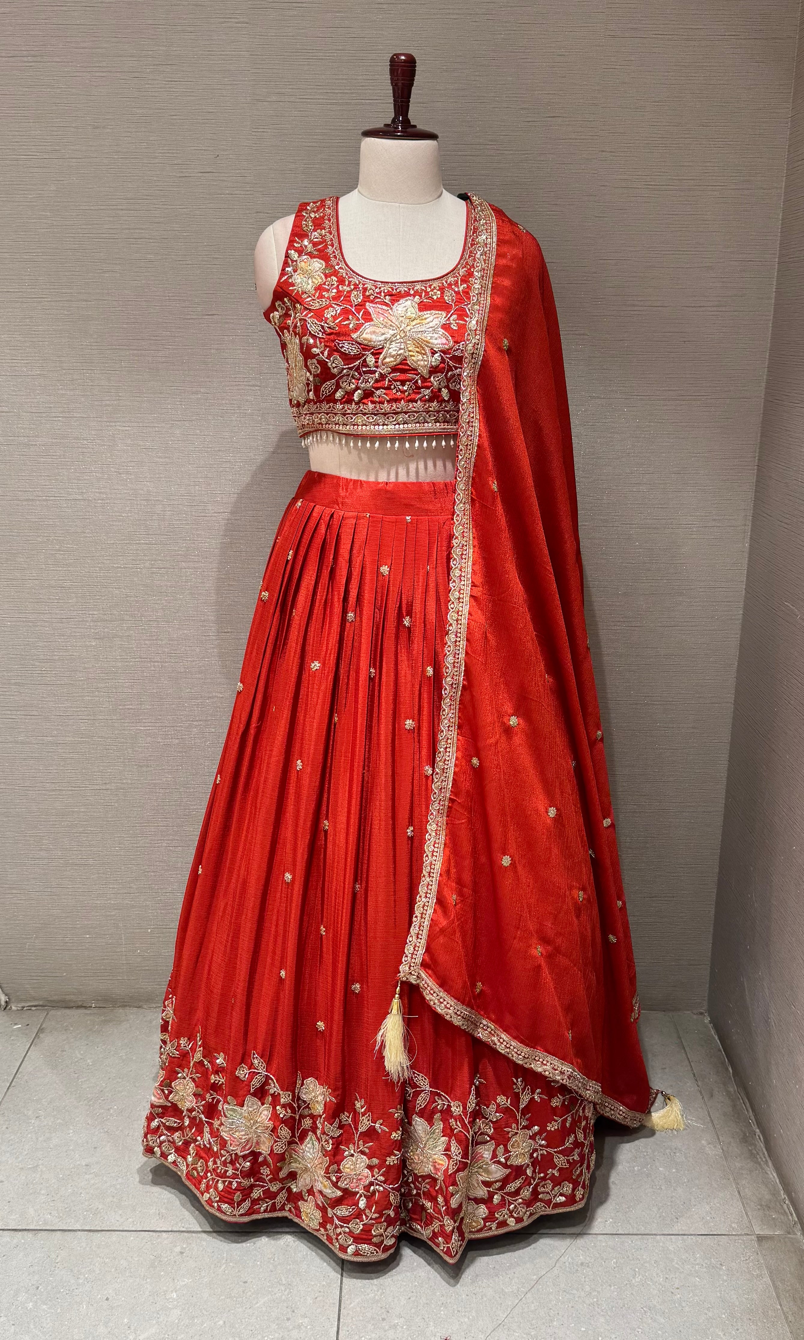 Orange Tissue silk Floral Embroidered Lehenga Set