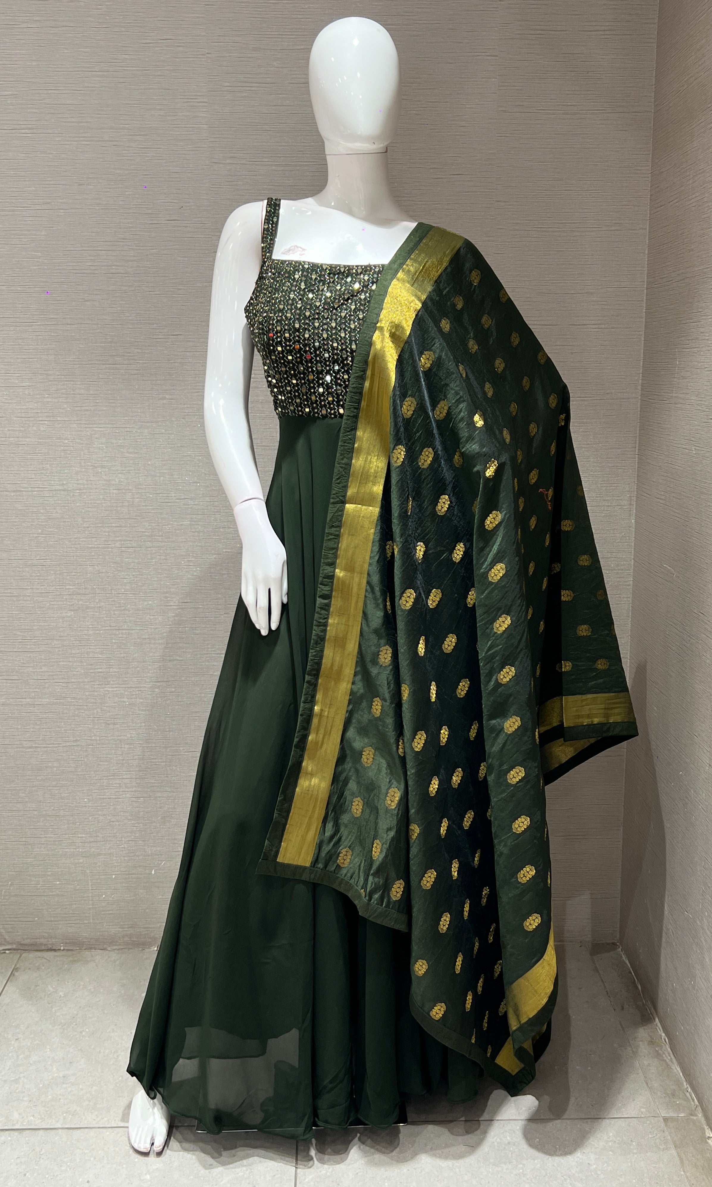 Green EMBROIDERED LONG DRESS ANARKALI