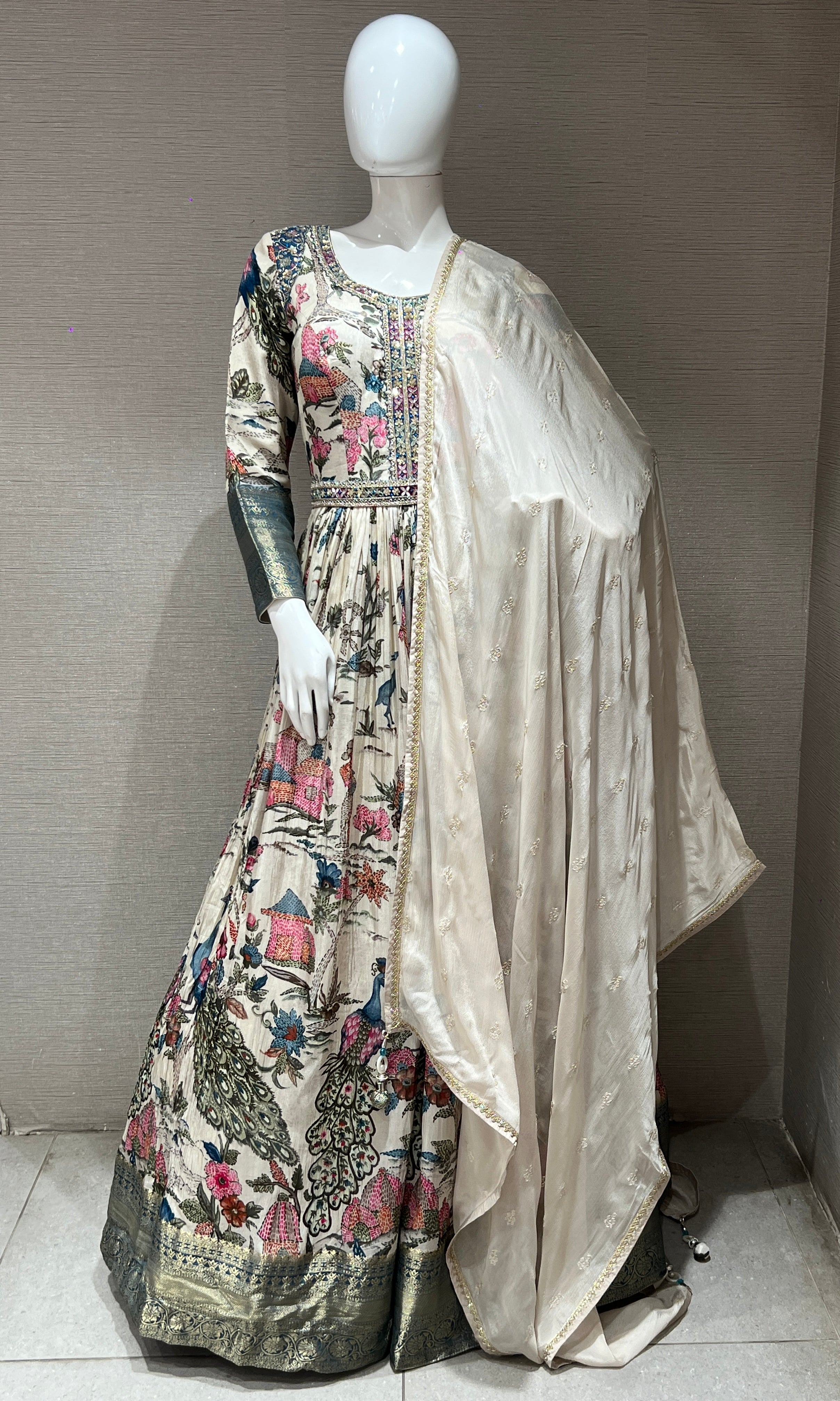 Cream long anarkali with floral print embroidered