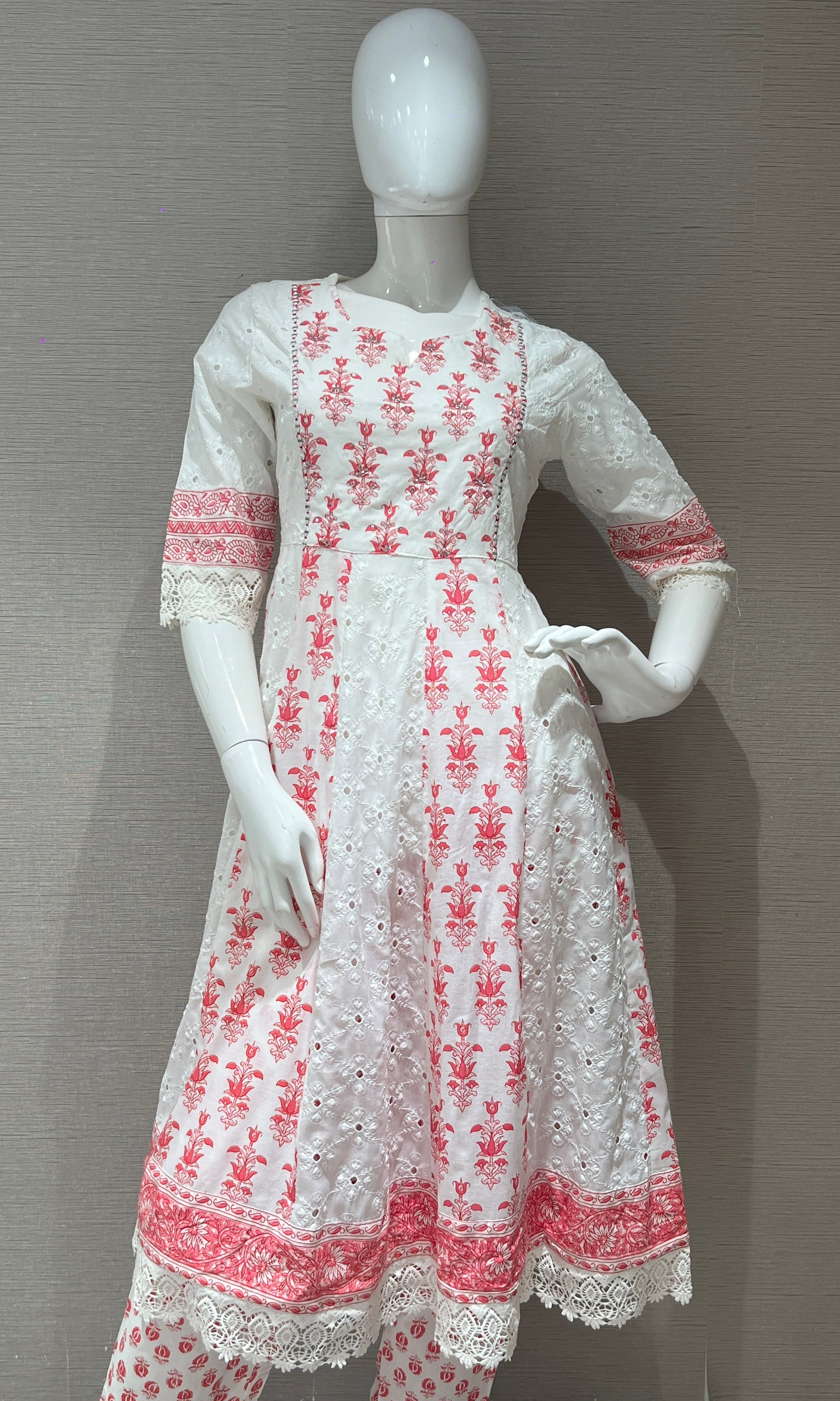 white and pink printed kurta set