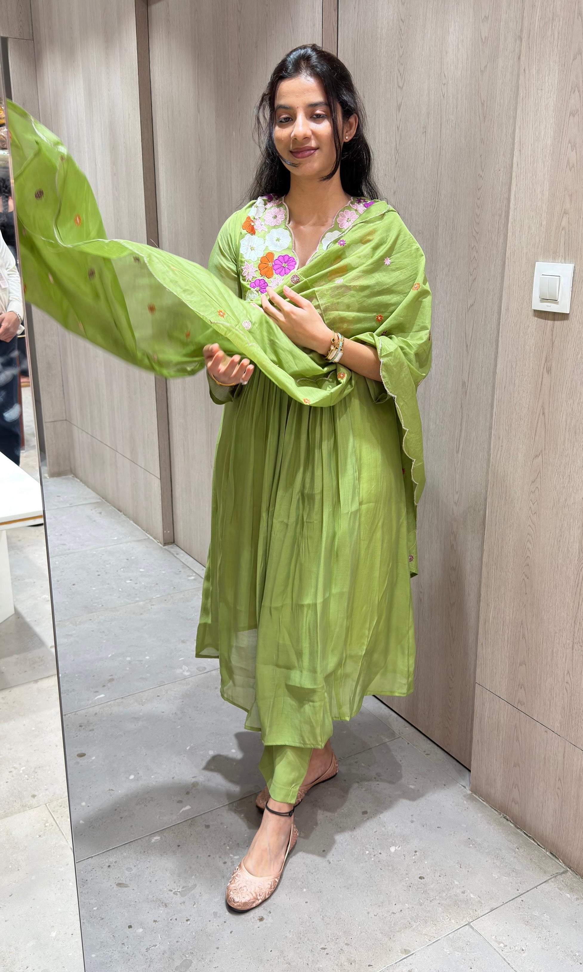 Green Floral MUL CHANDERI KURTA SET